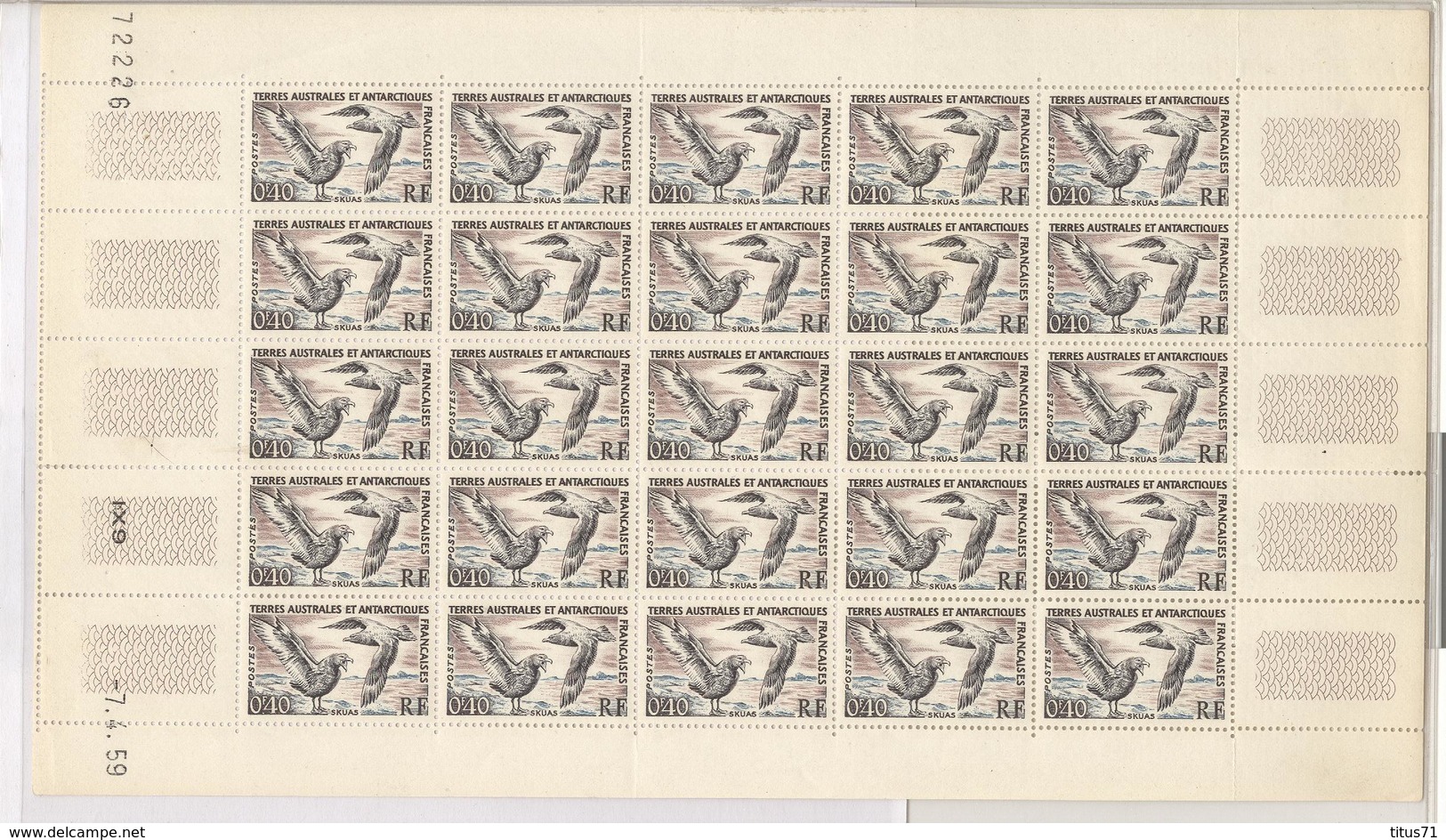 Feuille Complète Timbres TAAF 0,40 Franc - Skuas - Neufs - Neufs
