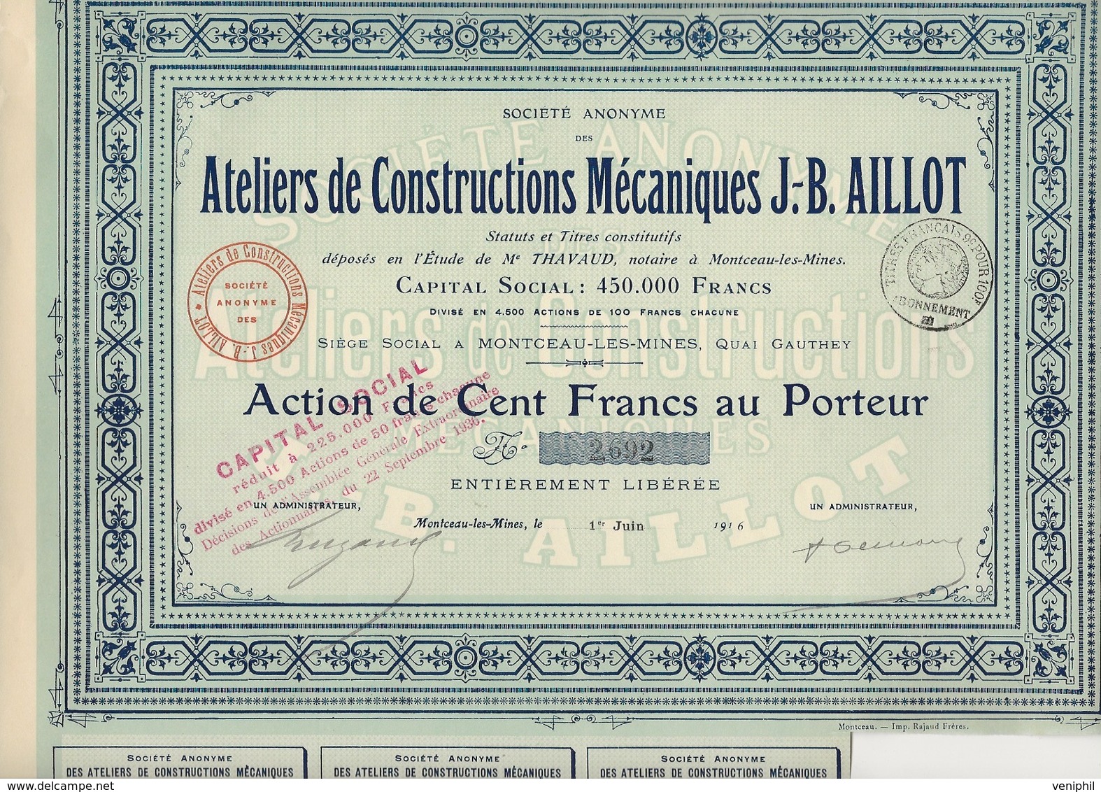 ATELIERS DE CONSTRUCTIONS MECANIQUES J-B AILLOT -MONTCEAU LES MINES -SAONE ET LOIRE - ACTION DE 100 FRS - 1916 - Industrie