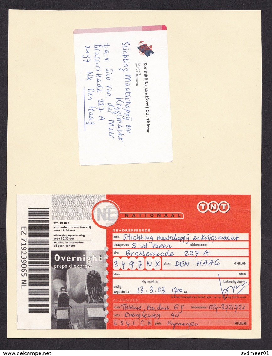 Netherlands: Parcel Fragment (cut-out), 2003, Label TNT Overnight Prepaid Express, New Design, Rare! (traces Of Use) - Covers & Documents