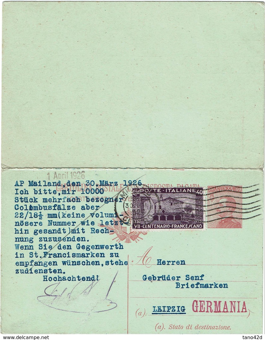 LSAU13 - CPRP MICHETTI 40c AVEC TPM 40c MILAN / LIEPZIG 30/3/1926 REPONSE NON UTILISEE - Stamped Stationery