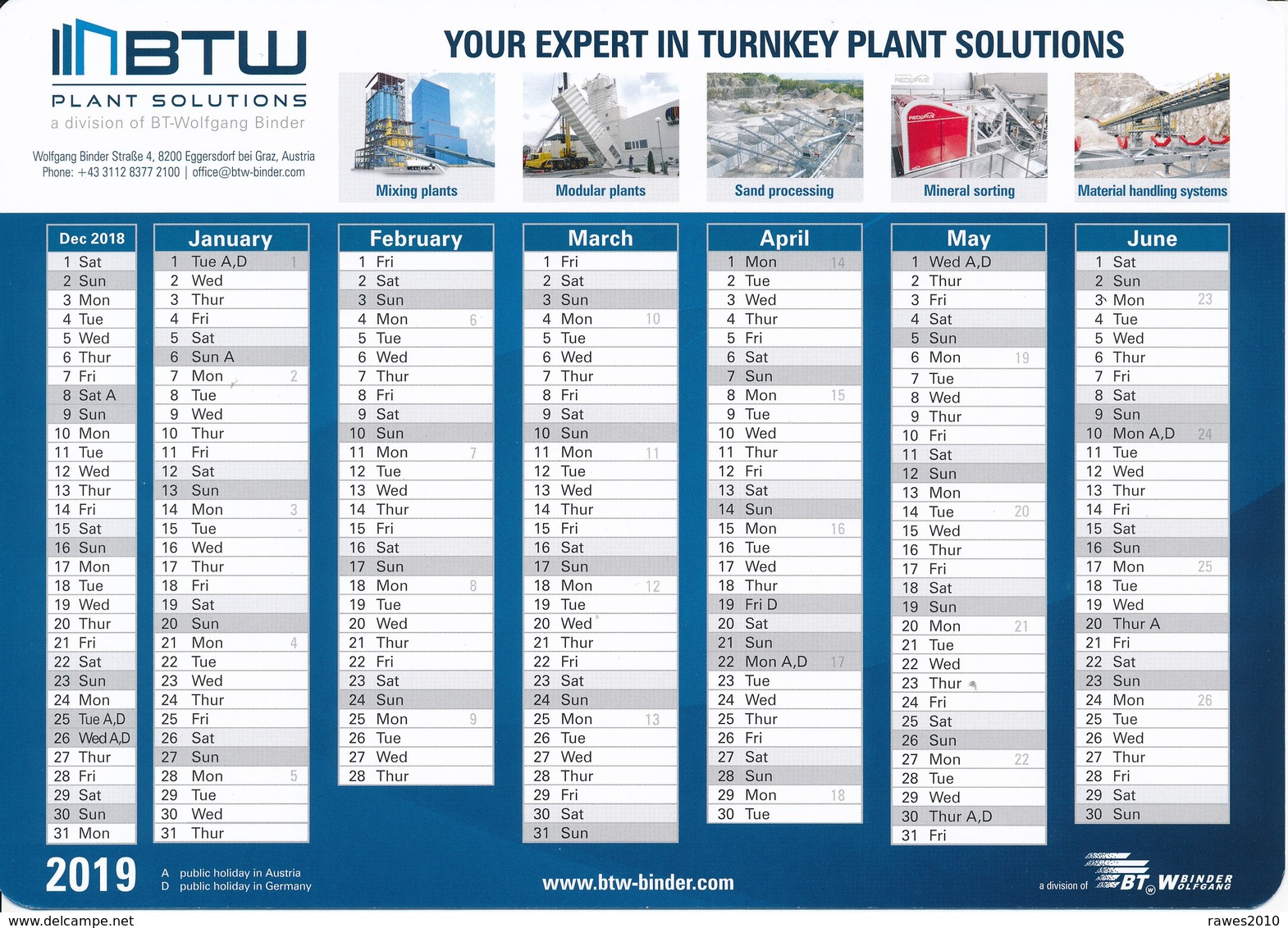 Österreich Gleisdorf Kalender 2019 BWT Plant Solutions - Kalender