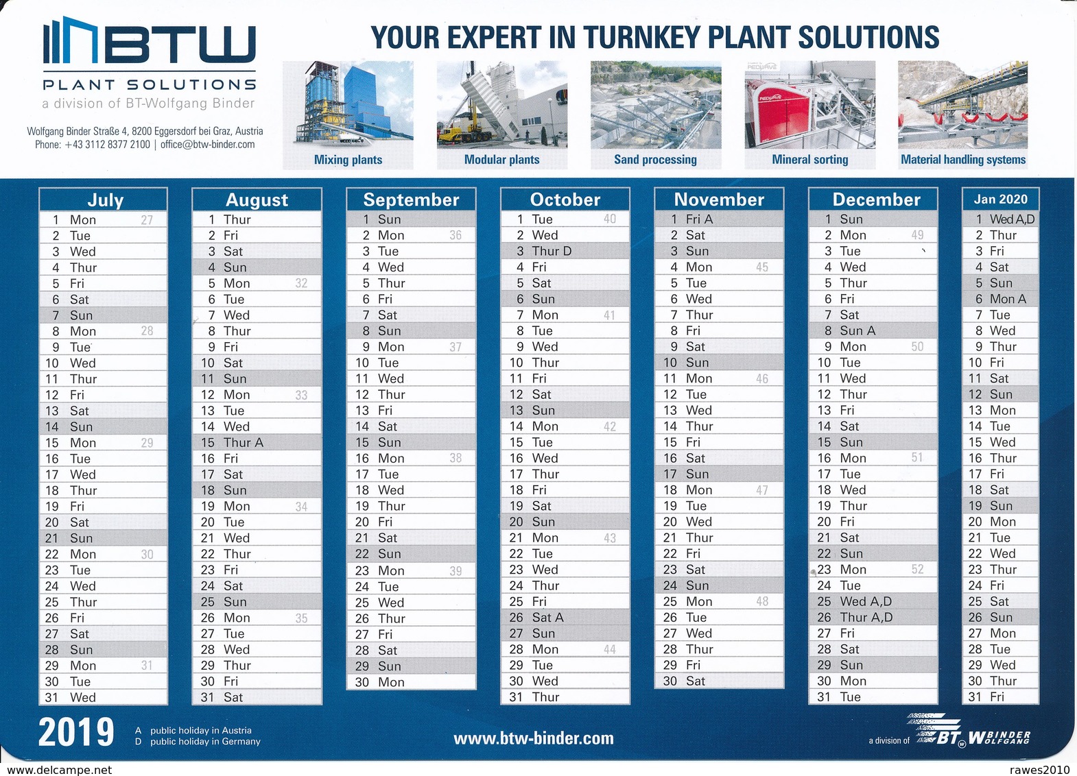 Österreich Gleisdorf Kalender 2019 BWT Plant Solutions - Calendriers