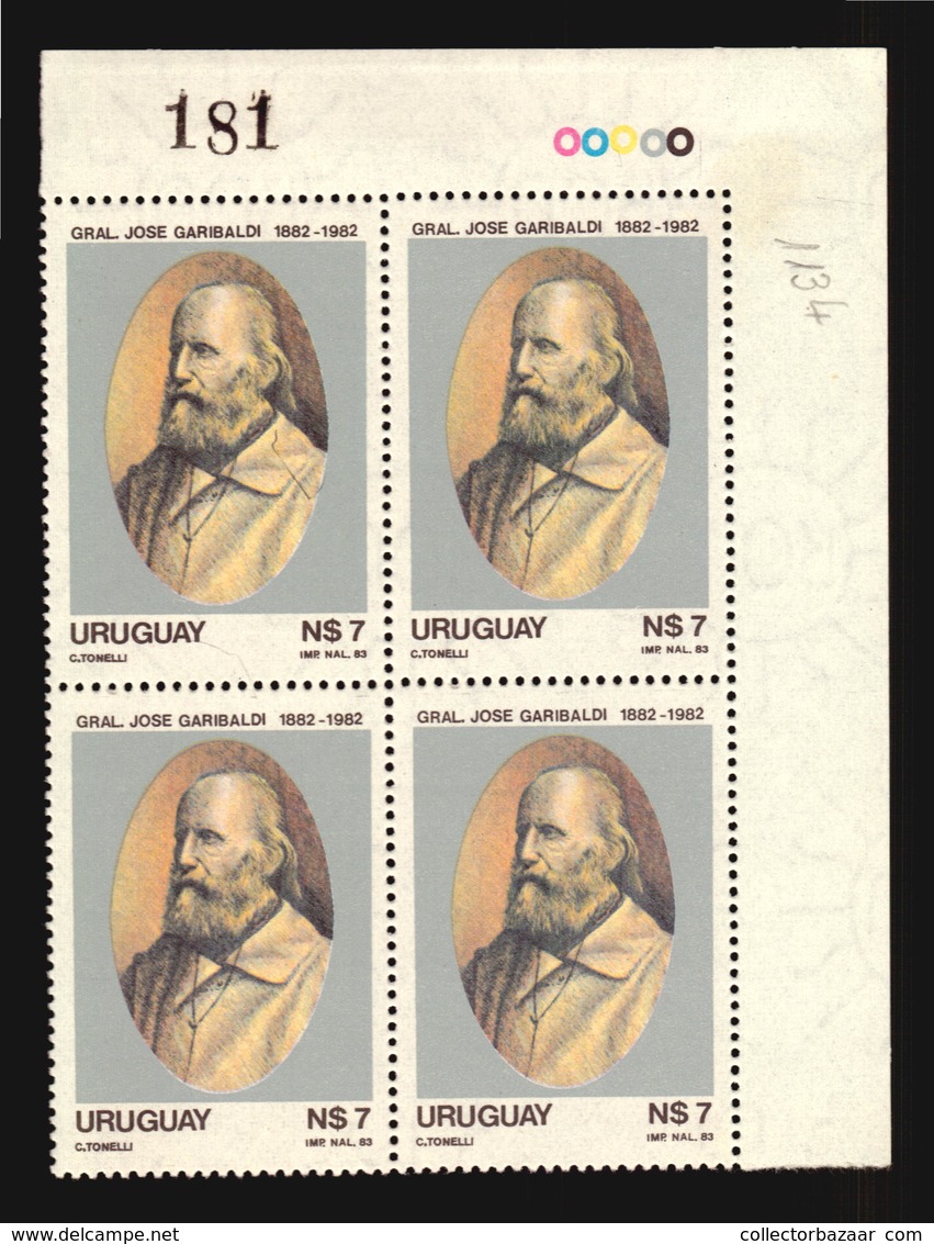 GIUSEPPE GARIBALDI URUGUAY 1982 STAMP ISSUE MNH STAMP PLATE BLOCK OF 4 (LB145) - Militaria