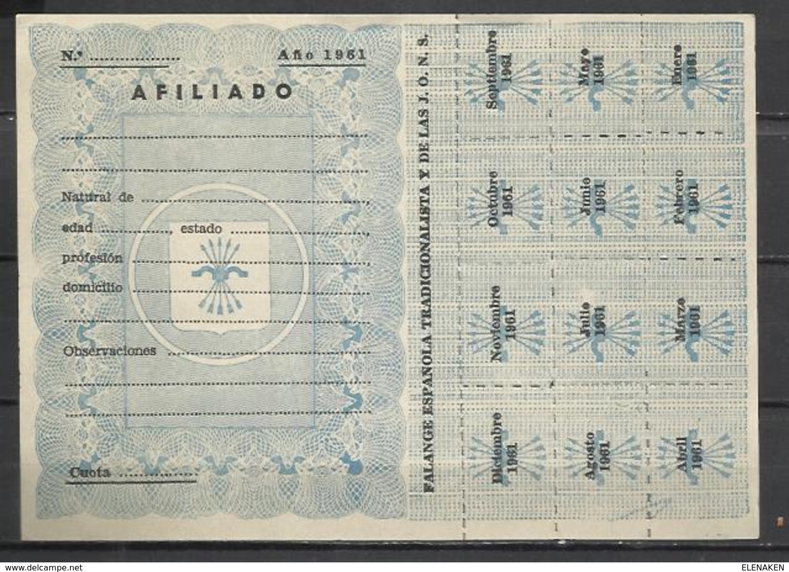 Q313-HOJA DE COTIZACIÓN COMPLETA FALANGE CON LOS 12 SELLOS O CUOTAS.FALANGE ESPAÑOLA TRADICIONALISTA Y DE LAS J.O.N.S.TE - Emisiones Nacionalistas