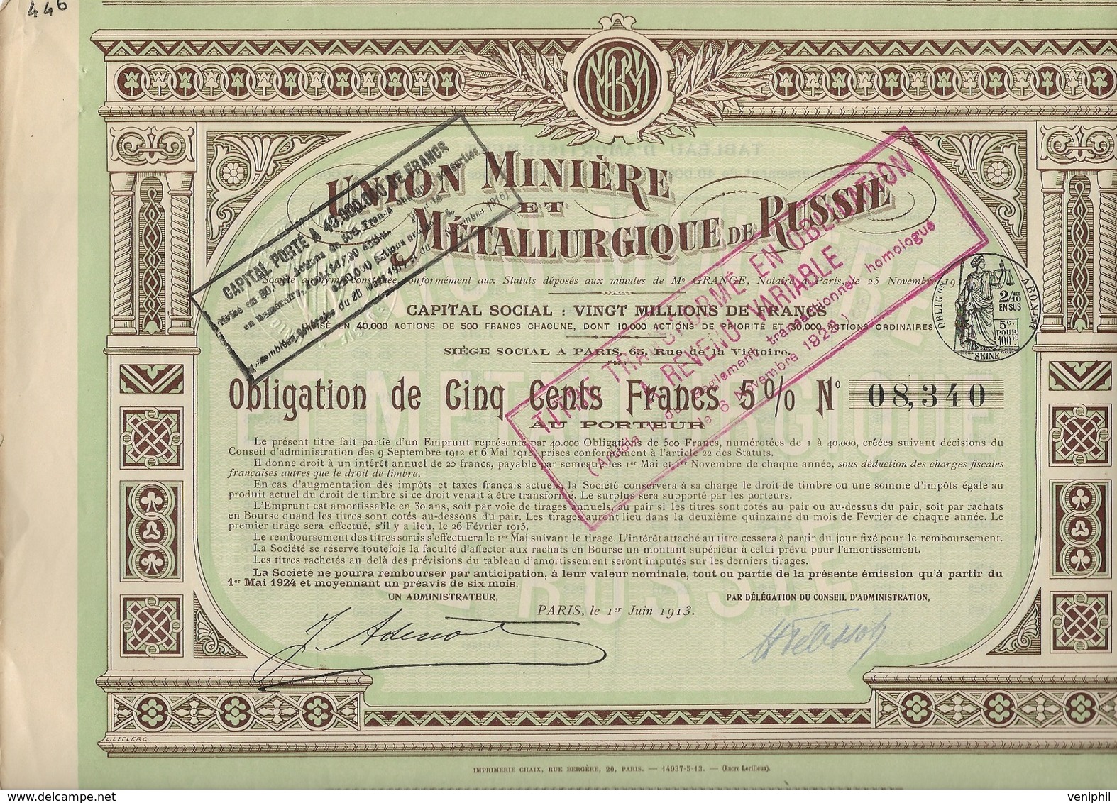 UNION MINIERE ET METALLURGIQUE DE RUSSIE  - OBLIGATION DE 500 FRS  5 %- ANNEE 1913 - Mines