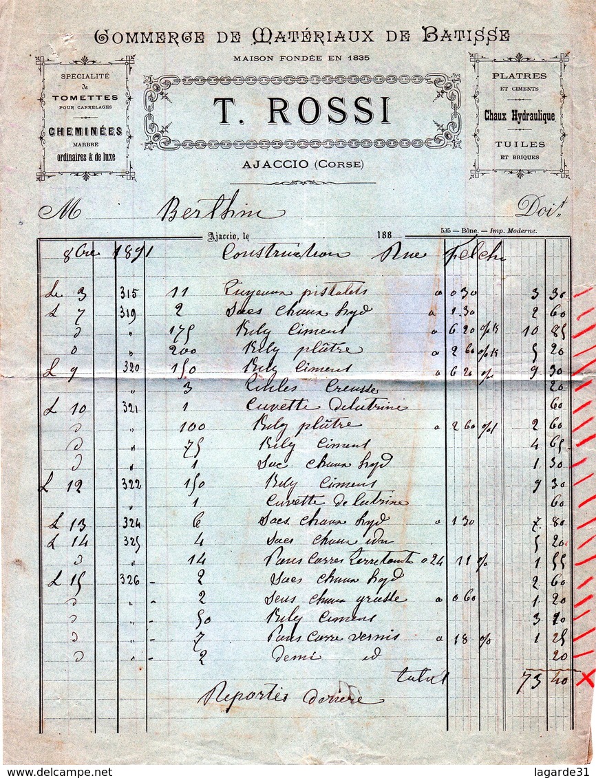 2A - AJACCIO Corse T. ROSSI Commerce De Matériaux De Batisse 1891 Timbre Quittance - Petits Métiers