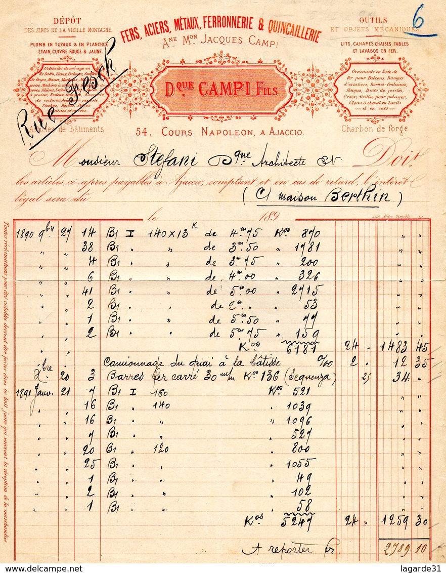 2A - AJACCIO Corse CAMPI Fers Aciers Metaux Ferronnerie Et Quincaillerie 1891 Timbre Quittances - Petits Métiers