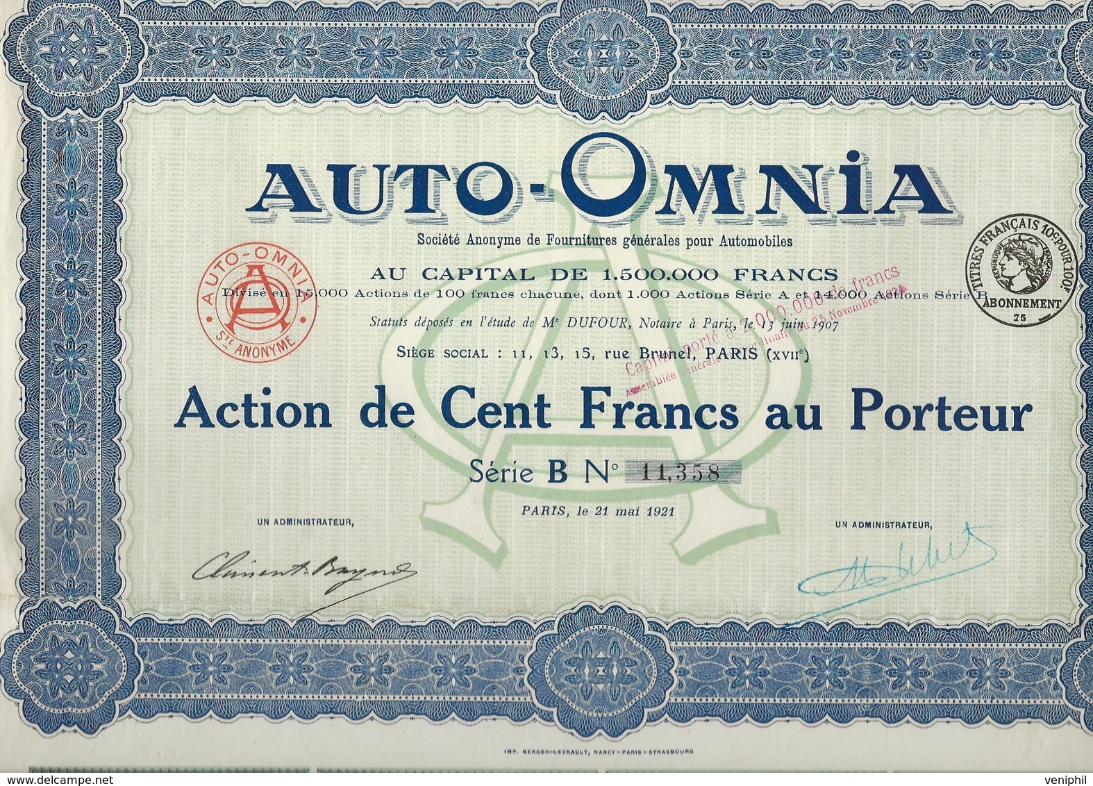 AUTO - OMNIA - ACTION DE CENT FRANCS - ANNEE 1921 - Bergbau