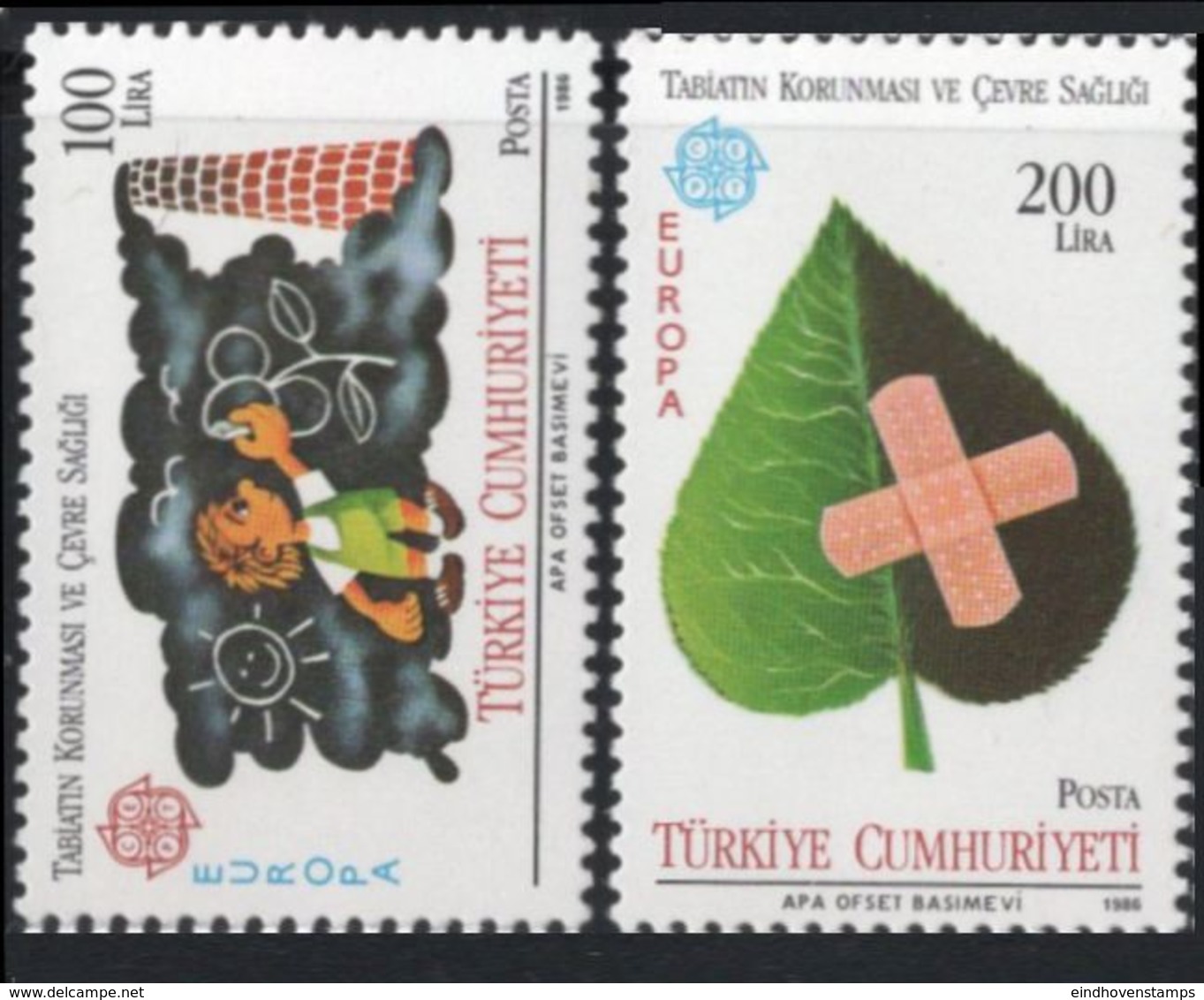 Turkey 1986 Cept  Environment Care 2 Values MNH Leave With Plaster, Smoking Chimney Child - Umweltschutz Und Klima