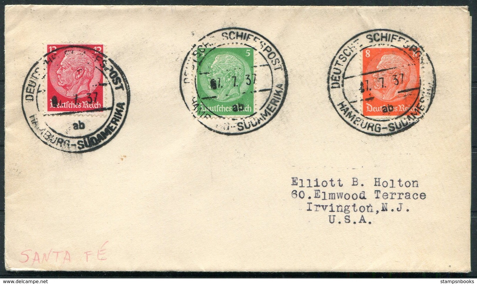 1937 DR Deutsche Seepost Hamburg Sudamerika SANTA FE Ship Schiffspost Cover + Letter - Briefe U. Dokumente