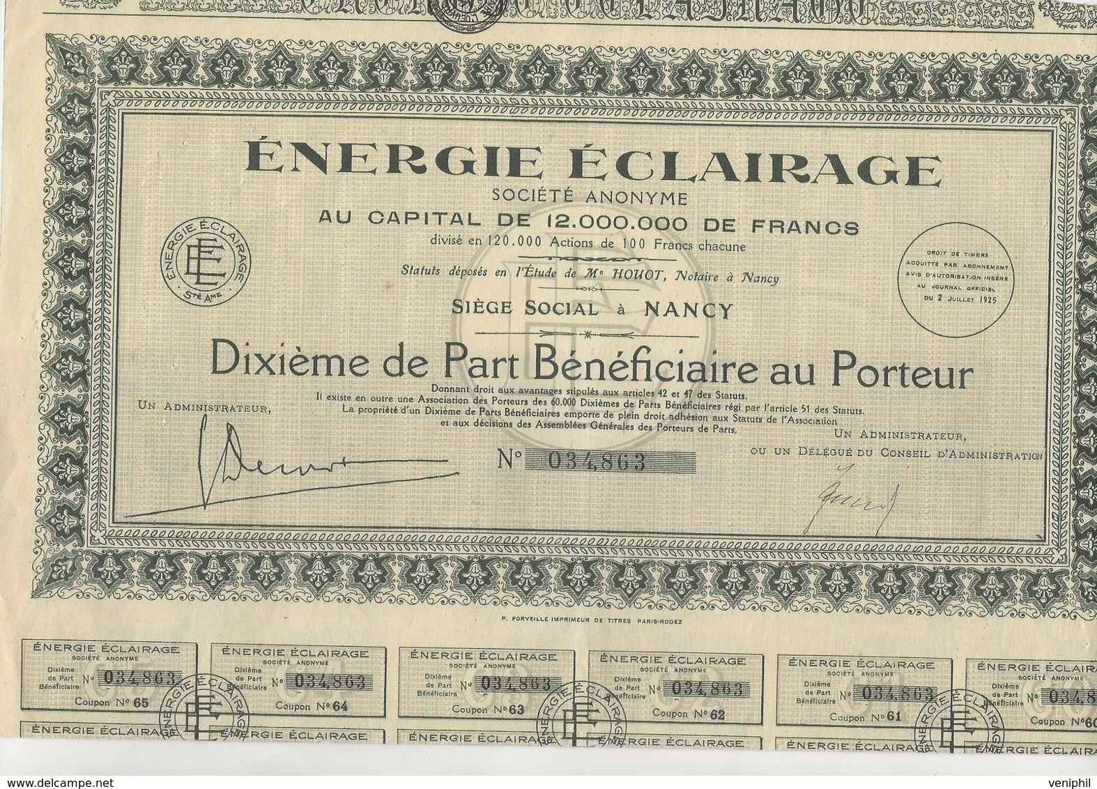 ENERGIE ECLAIRAGE -NANCY - DIXIEME DE PART BENEFICIAIRE - ANNEE 1925 - Elettricità & Gas