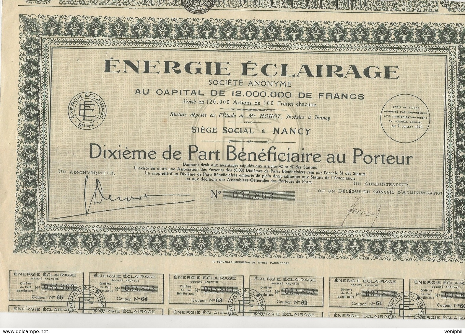 ENERGIE ECLAIRAGE -NANCY - DIXIEME DE PART BENEFICIAIRE - ANNEE 1925 - Electricidad & Gas