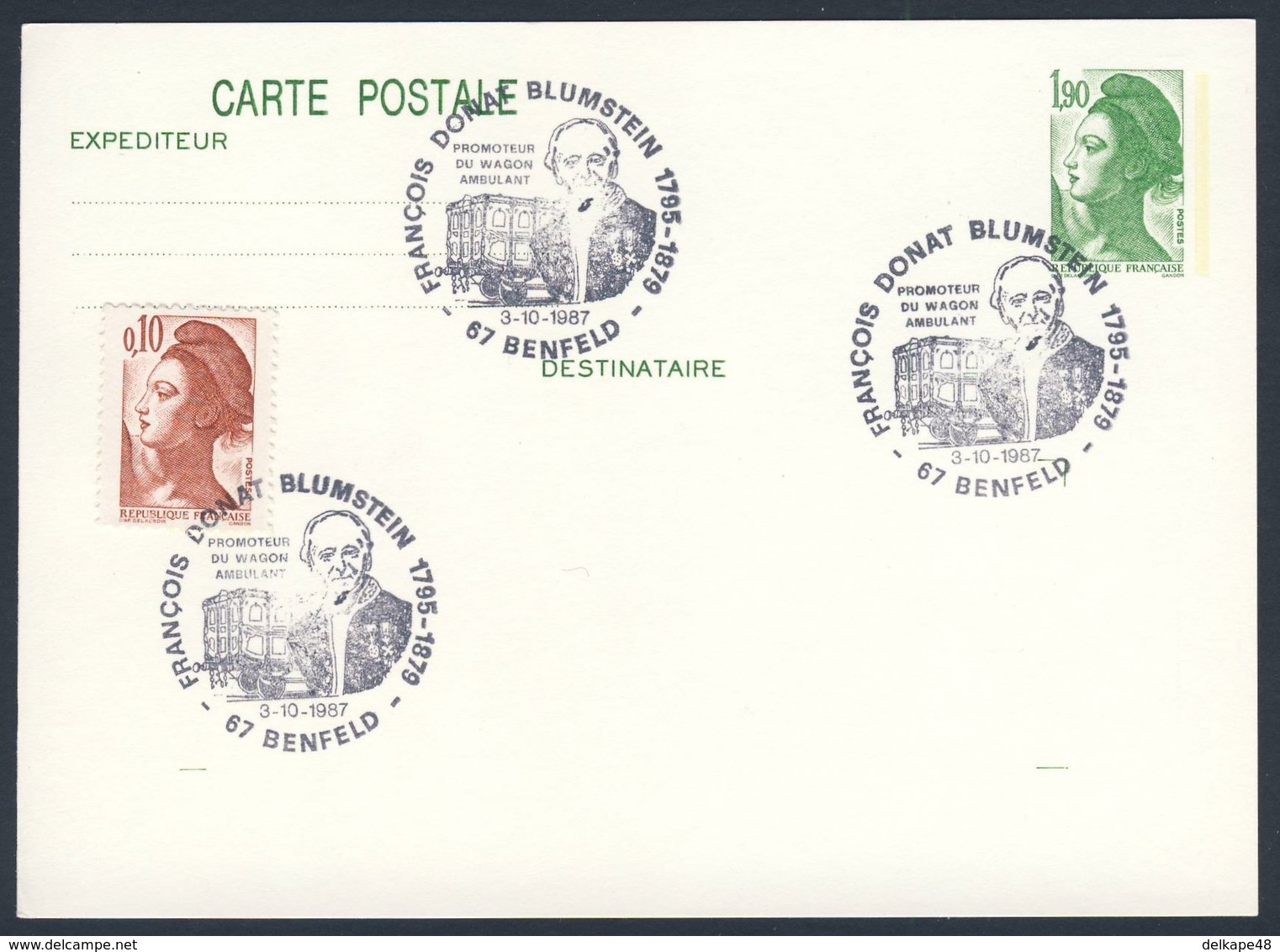 France Rep. Française 1987 Card / Karte / Carte - François Donat Blumstein 1795-1879, Promoteur Du Wagon Ambulant / Post - Trenes
