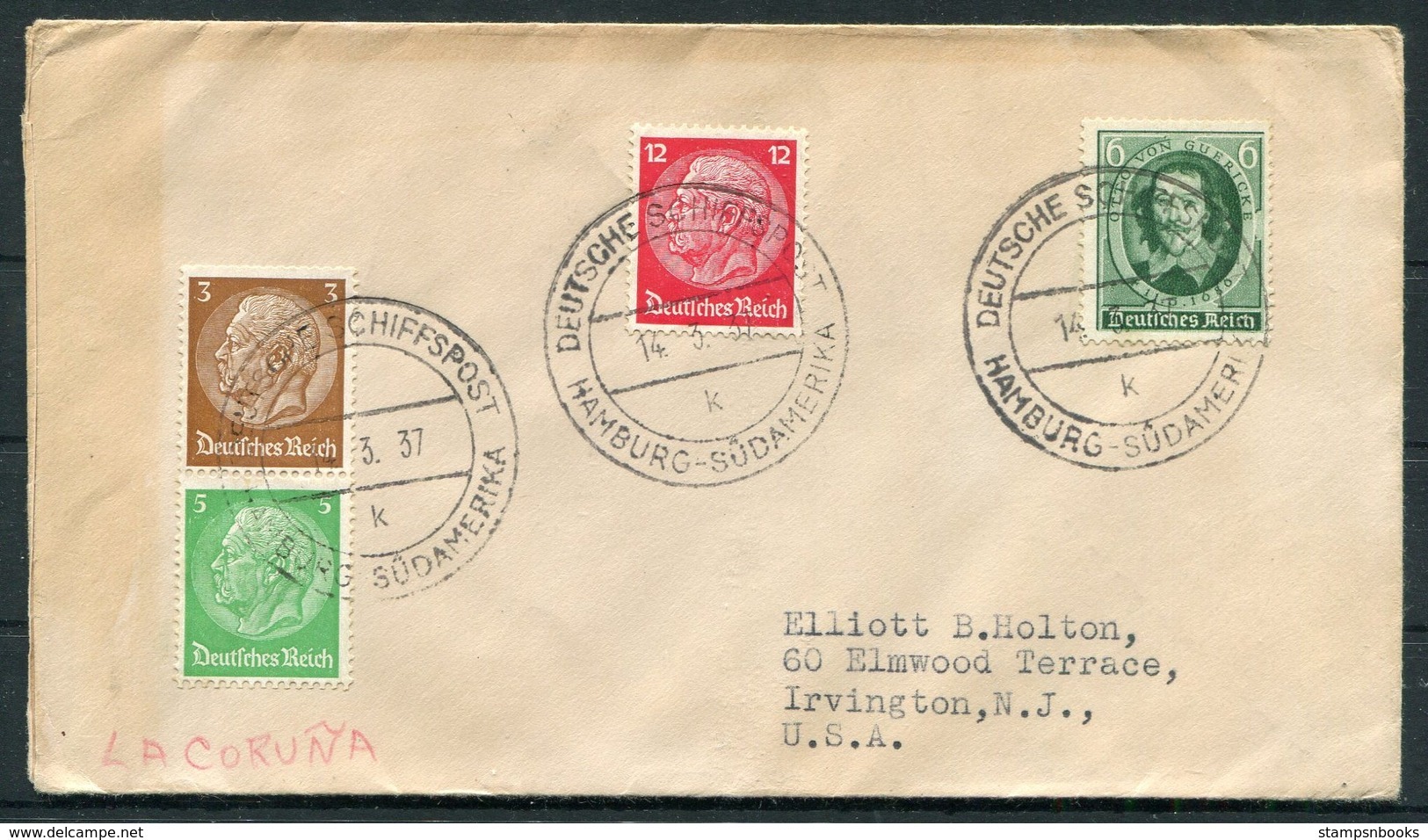 1937 Germany DR Deutsche Seepost Hamburg Sudamerika LA CORUNA Ship Schiffspost Cover - Briefe U. Dokumente