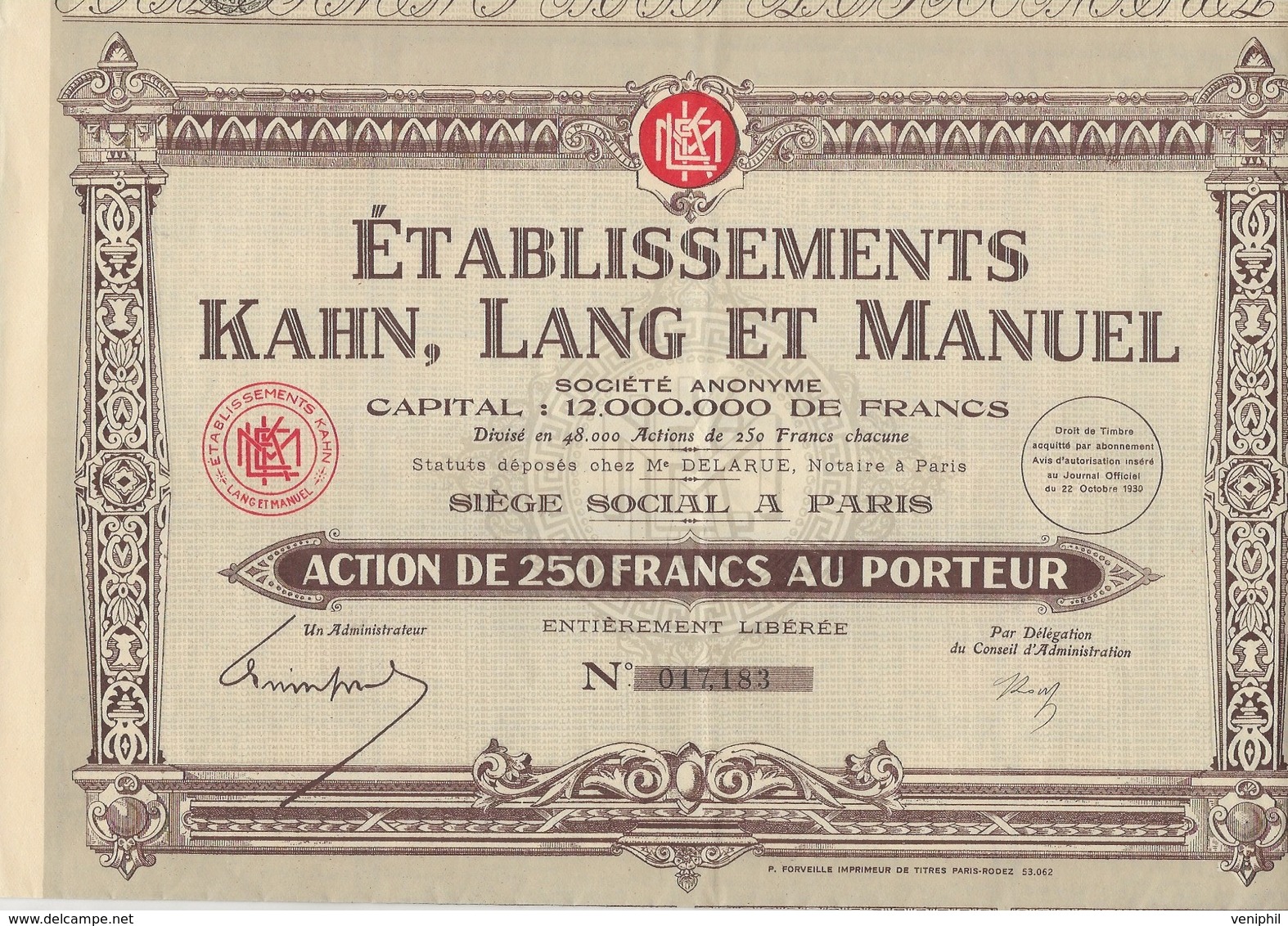 ETABLISSEMENT KAHN, LANG ET MANUEL - ACTION DE 250 FRANCS - ANNEE 1930 - Industrie