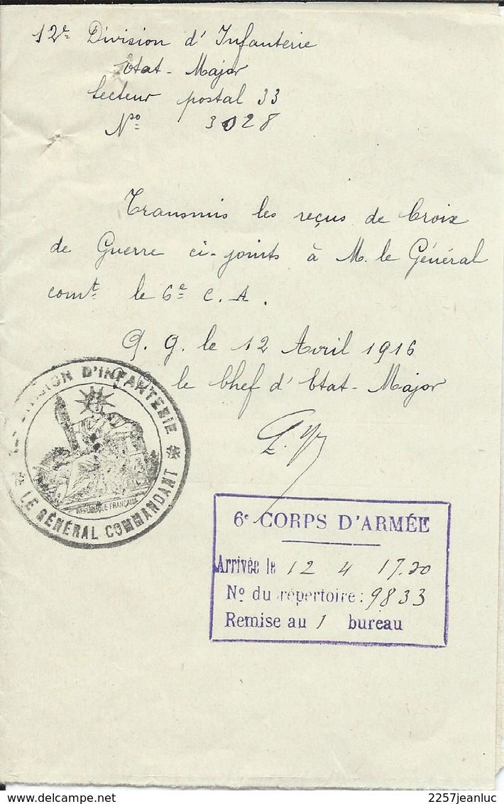 6 ° Corps D' Armée Division D'Infanterie Transmis Les Reçus Croix De Guerre 1916 - Documents