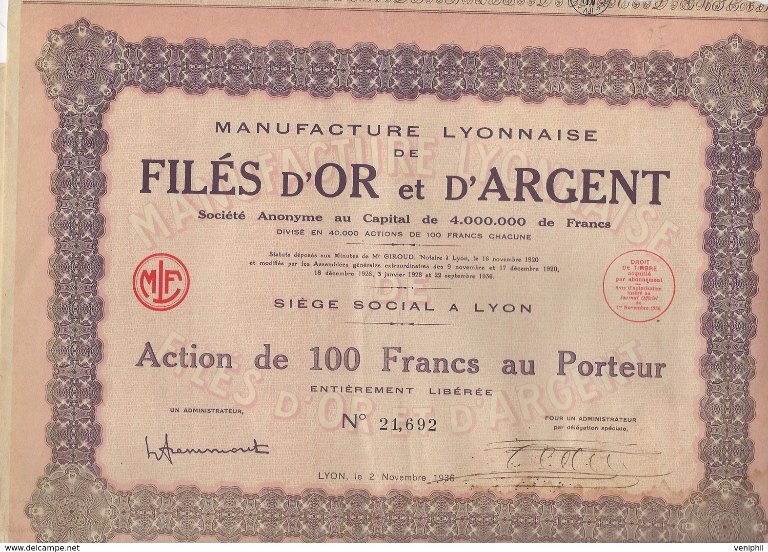 MANUFACTURE LYONNAISE DE FILES D'OR ET D'ARGENT - ACTION DE 100 FRS - ANNEE 1936 - Textile