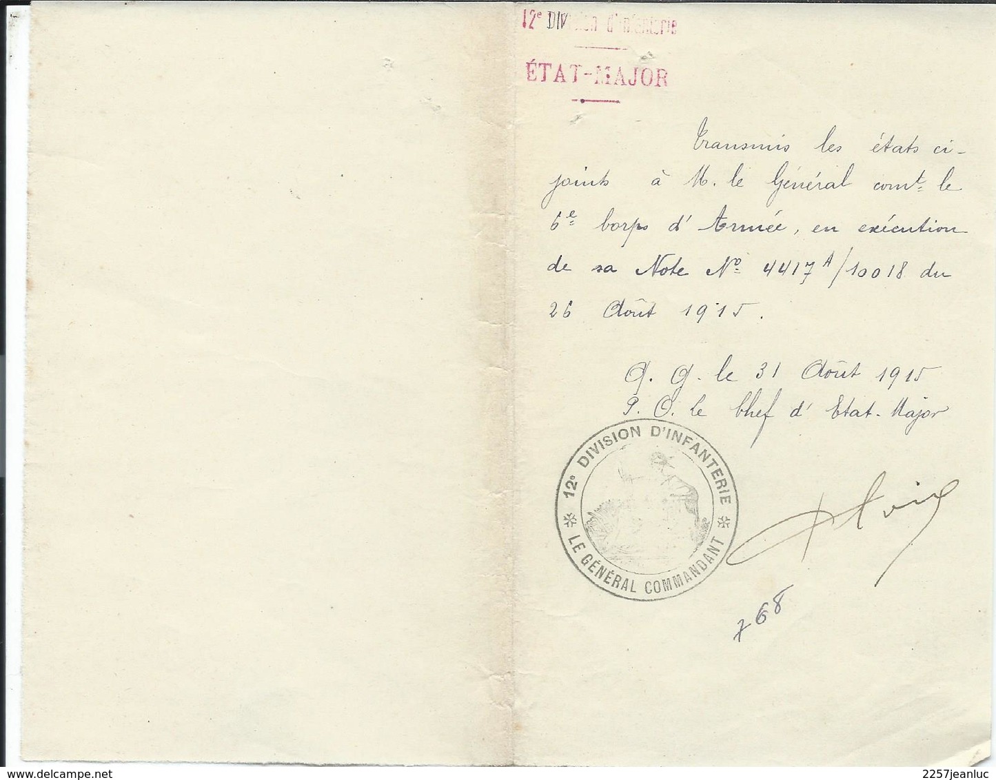12 °  Division D'Infanterie Note Du Chef D'Etat Major  Aout 1915 - Documents