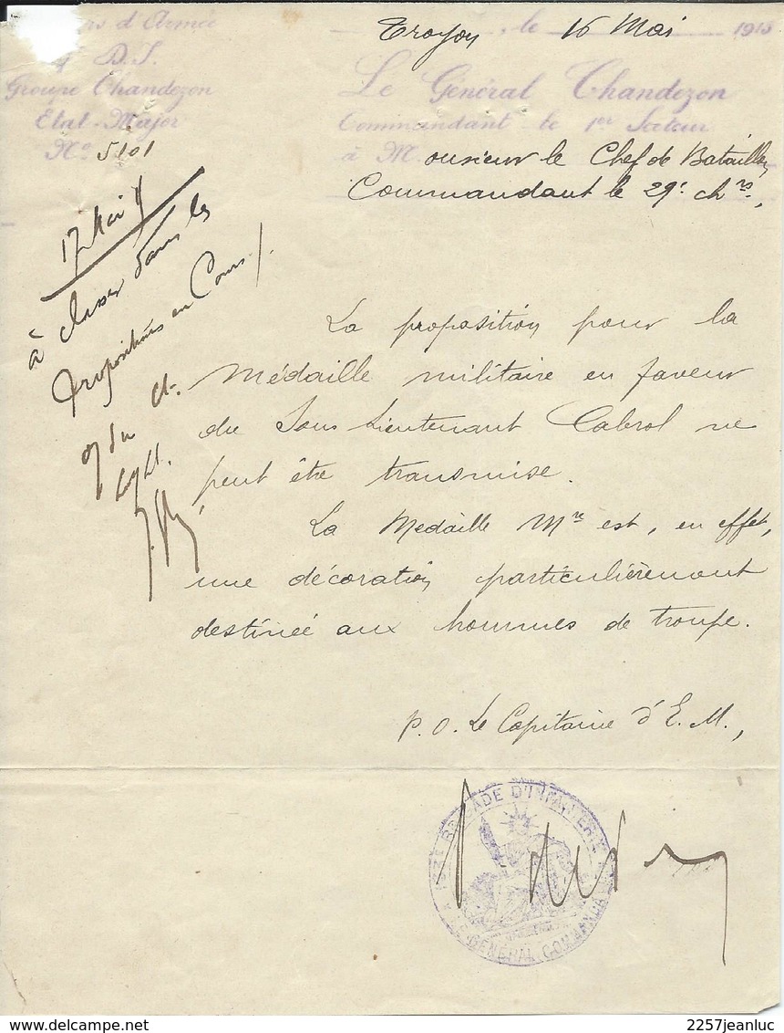 133 °  Brigade D'Infanterie -Le Général Chandezon Proposition Pour Médaille Militaire Troyon 16/04/1915 - Documents