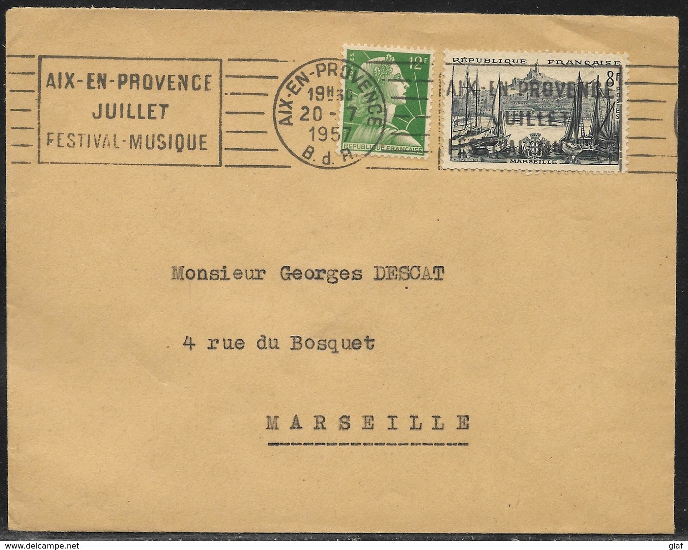 Lettre Affr. 12 F Marianne De Muller Et 8 F Marseille Omec Aix-en-Provence 20.7.1957 - 1955-1961 Marianne De Muller