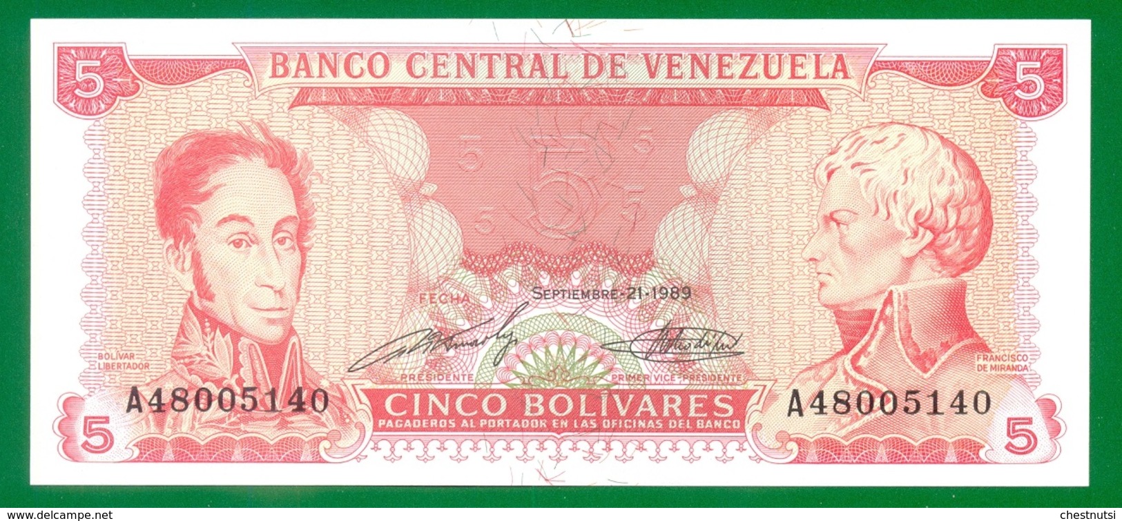 VENEZUELA  5 BOLIVARES 1989  P70b  UNC - Venezuela