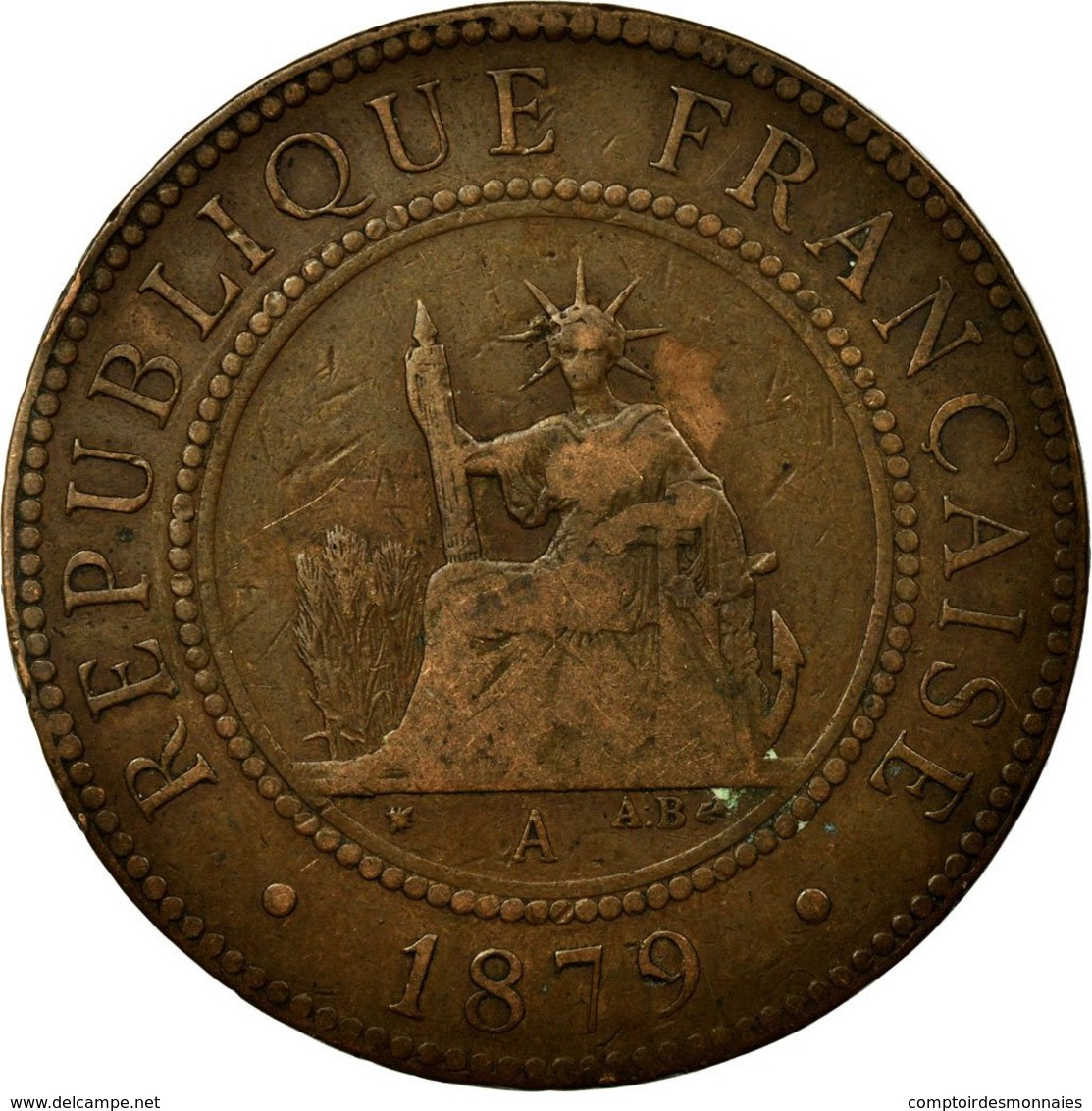 Monnaie, FRENCH COCHIN CHINA, Cent, 1879, Paris, TB, Bronze, KM:3 - Autres & Non Classés