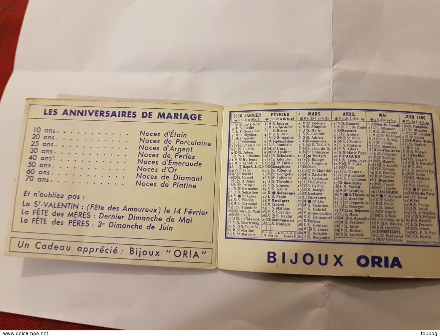 CALENDRIER 1966 BIJOUX ORIA BARBEAU ROUEN - Petit Format : 1961-70