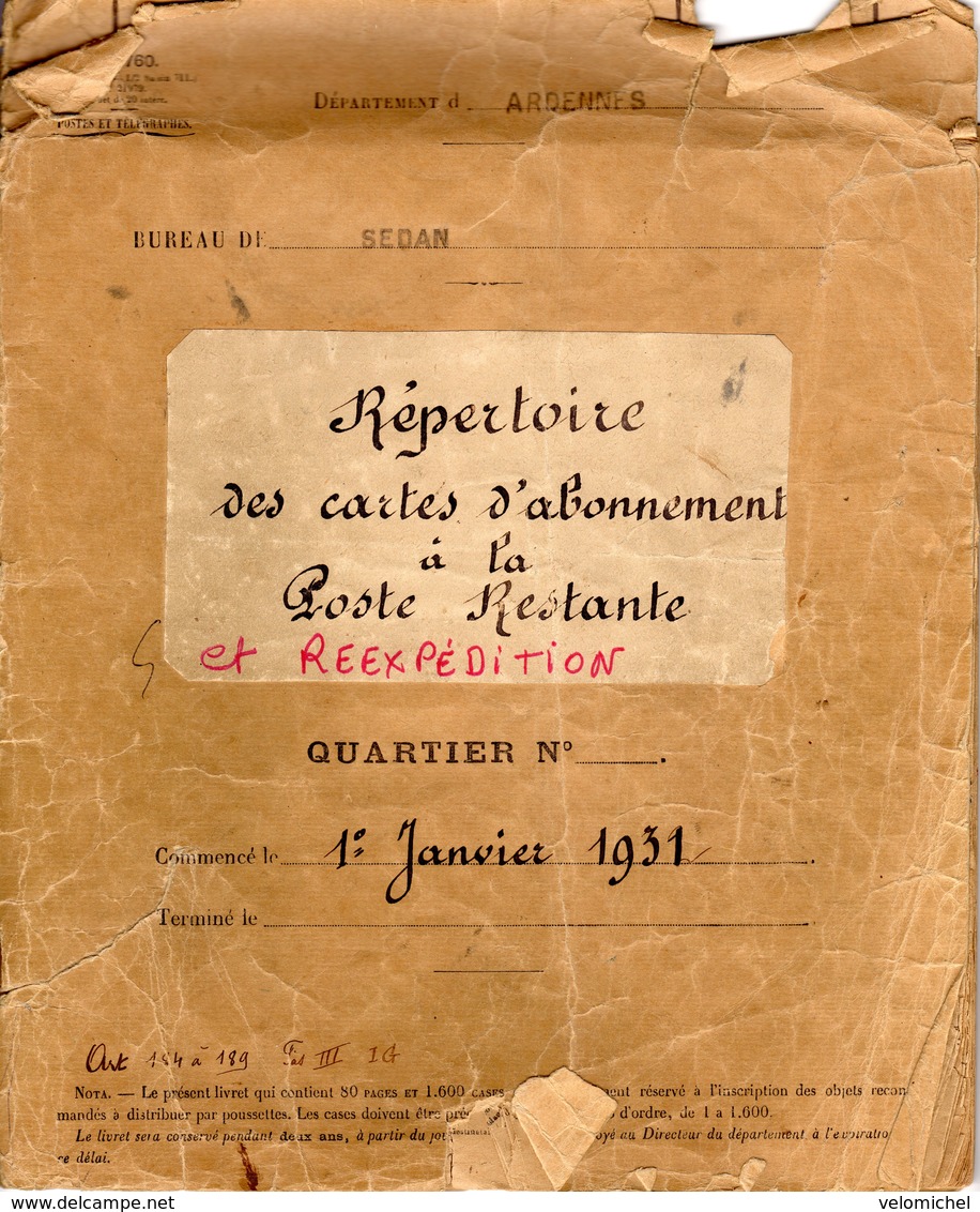 Ardennes.SEDAN.PTT.1931 Répertoire Poste Restante Et Réexpédition + Carte - Non Classés