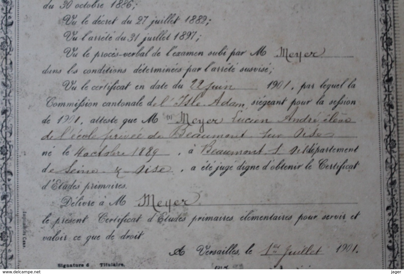 Diplome Scolaire  Seine Et Oise  Isle Adam 1901 - Diploma's En Schoolrapporten