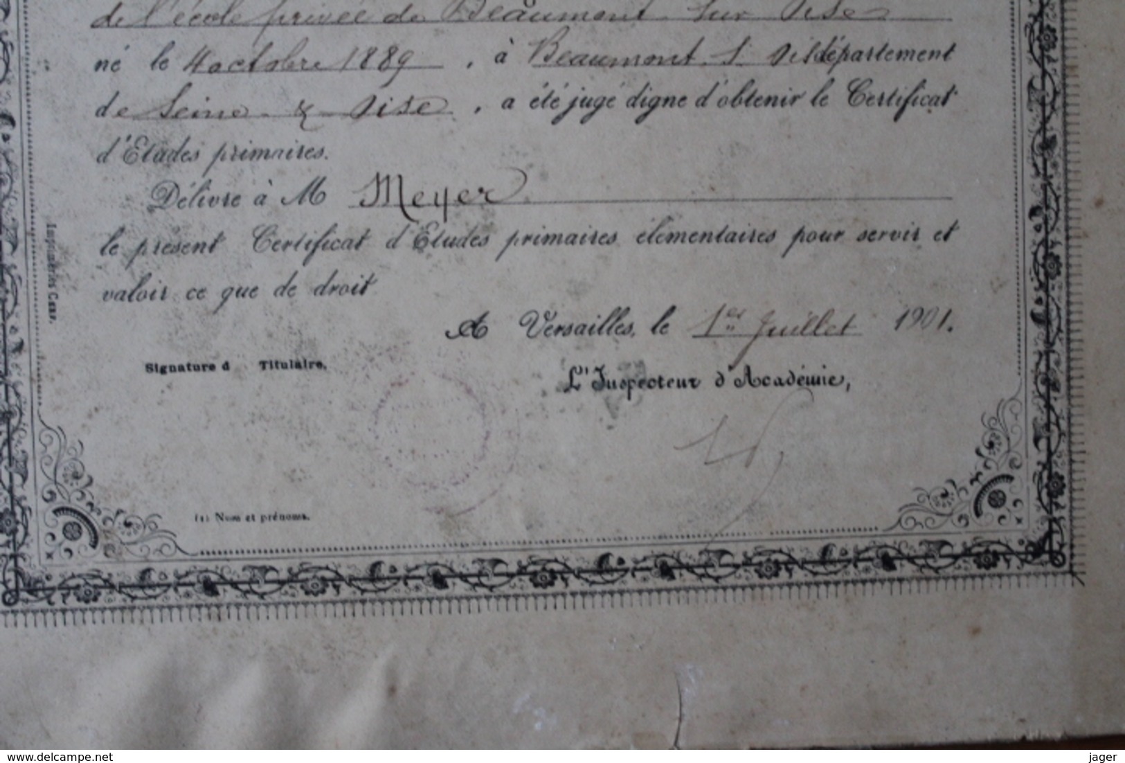 Diplome Scolaire  Seine Et Oise  Isle Adam 1901 - Diplômes & Bulletins Scolaires