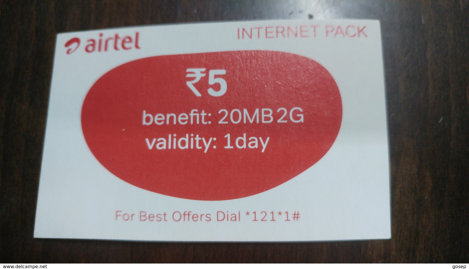 India-airtel-internet Pack-(5 Ruppia)-benefit 20mb2g-validity 1 Day-(1)-31.7.2018-used Card+1 Card Prepiad Free - Inde