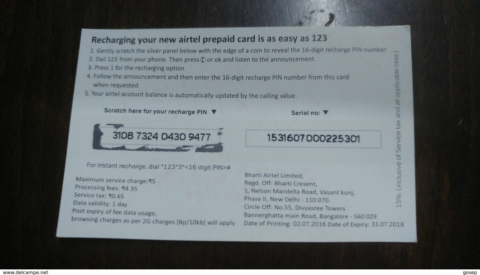 India-airtel-internet Pack-(5 Ruppia)-benefit 20mb2g-validity 1 Day-(1)-31.7.2018-used Card+1 Card Prepiad Free - Indien