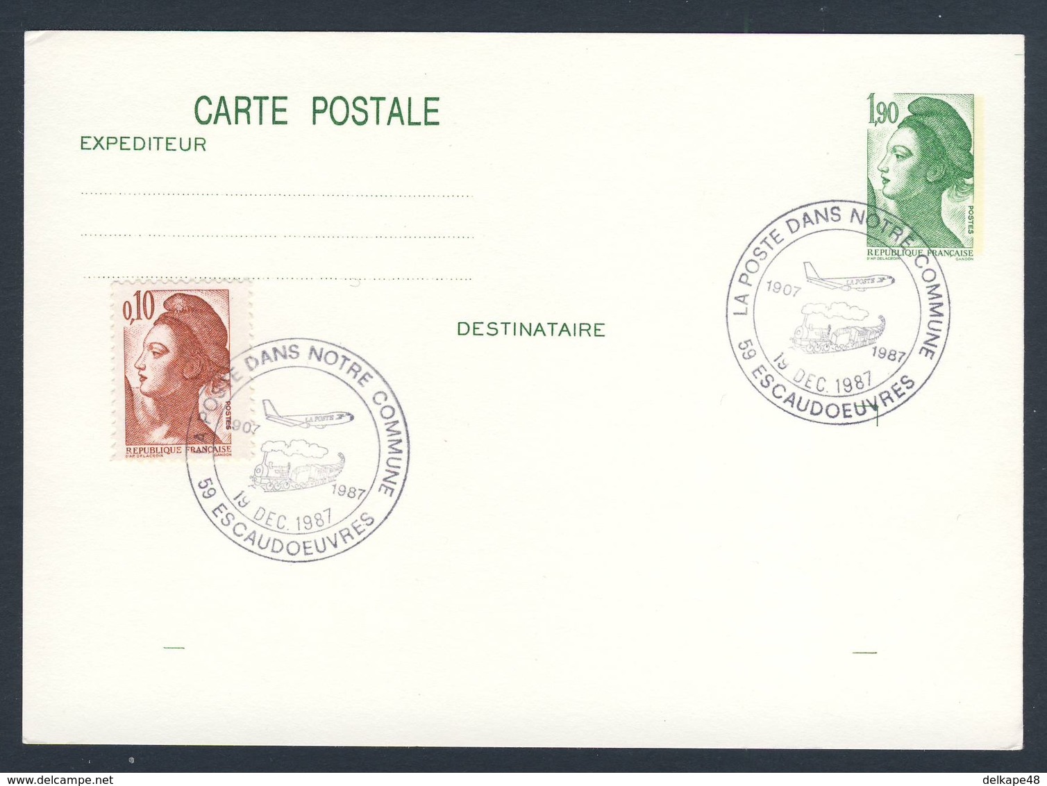 France Rep. Française 1987 Card / Karte / Carte - La Poste Dans Notre Commune, Escaudoeuvres / Post In Unserer Gemeinde - Treinen