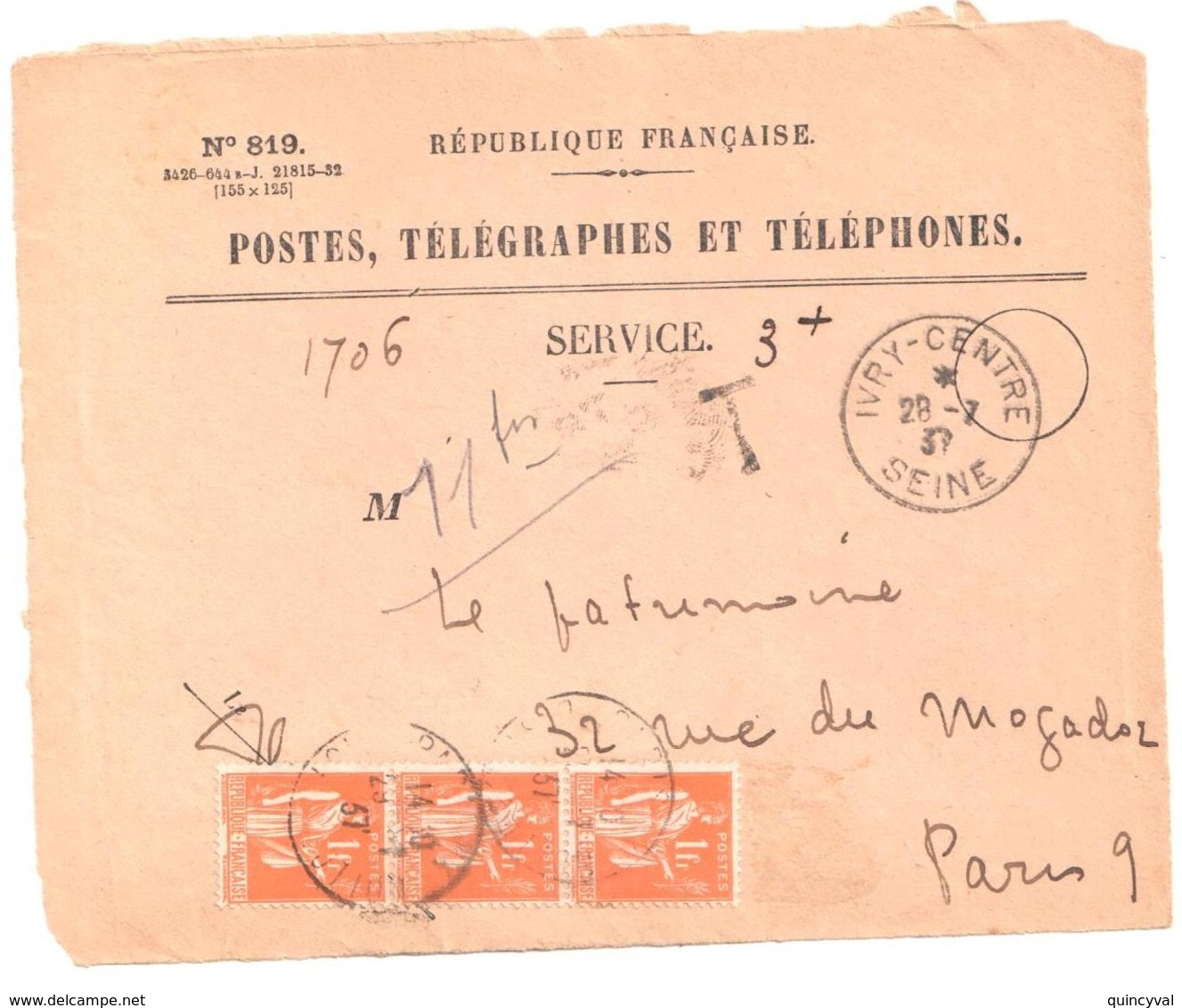 IVRY CENTRE Seine Ob 1937 Devant Enveloppe 819 Recommandée Valeurs Non Recouvrées Taxe 1 F Paix Orange Yv 286 X 2 - Lettres & Documents