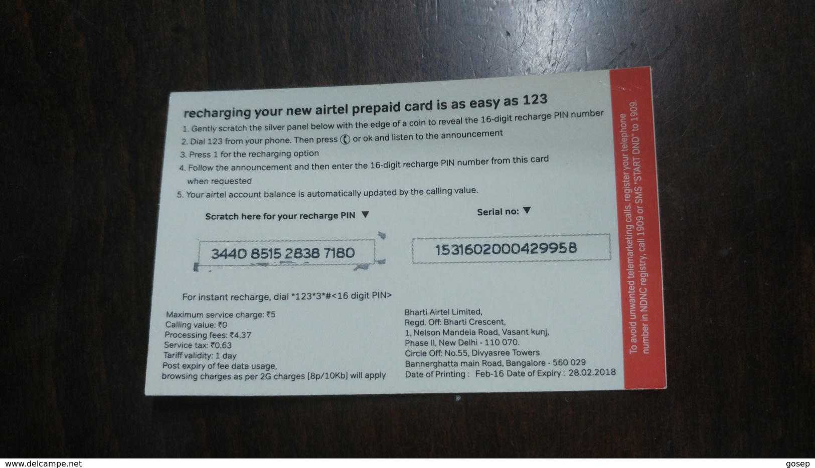 India-airtel-internet Pack-(5 Ruppia)-benefit 20mb 2g-1day-(3)-28.2.2018-used Card+1 Card Prepiad Free - Indien