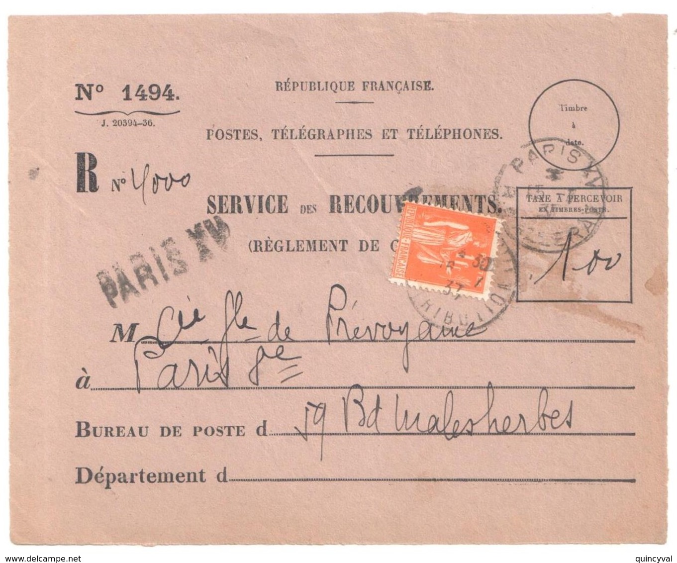 PARIS XV Ob 1937 Devant Enveloppe 1494 Recommandée Valeurs Non Recouvrées Taxe 1 F Paix Orange Yv 286 - Lettres & Documents