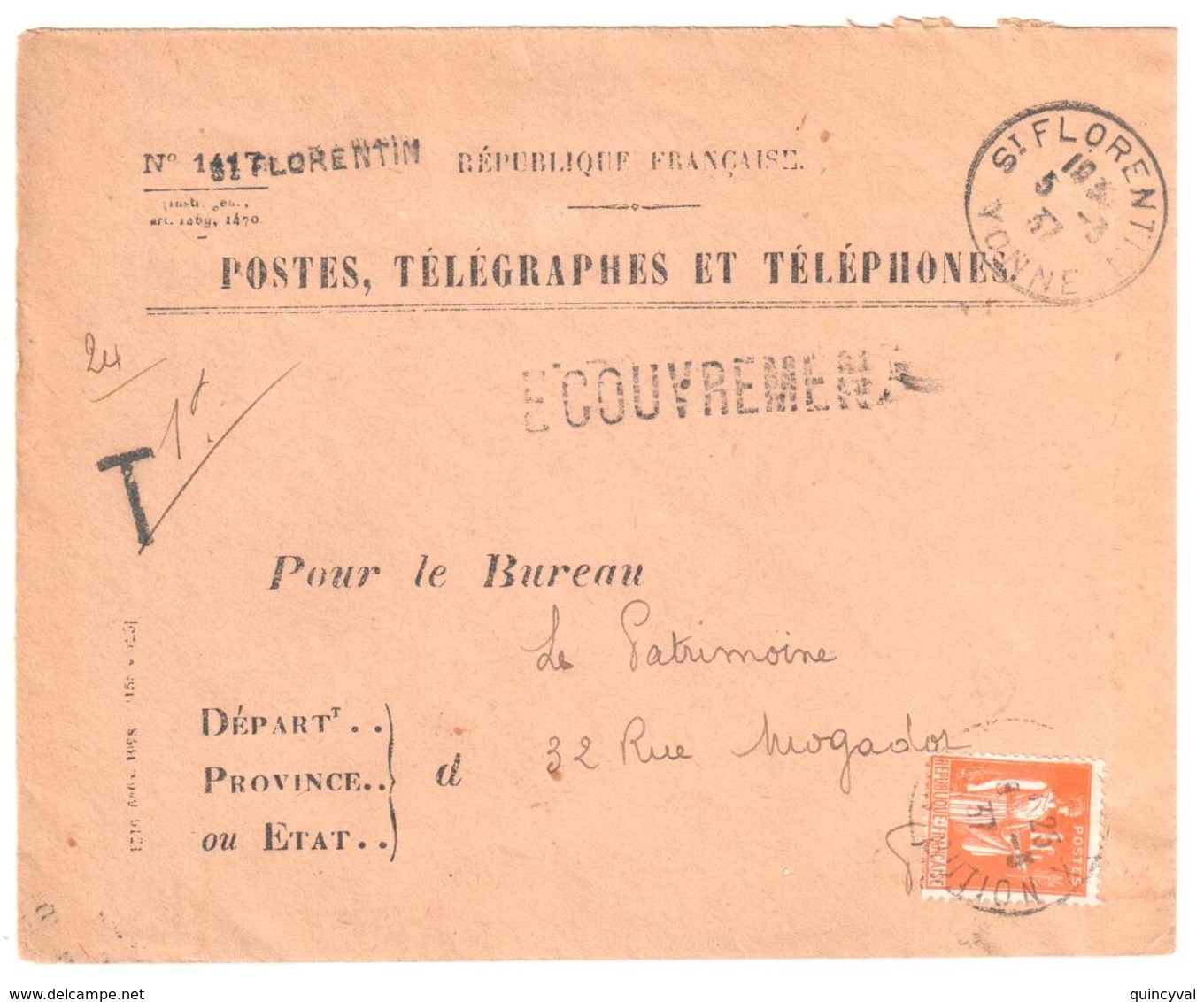 St FLORENTIN Yonne Ob 1937 Devant Enveloppe 1417 Griffe Recommandée Valeurs Non Recouvrées Taxe 1 F Paix Orange Yv 287 - Lettres & Documents