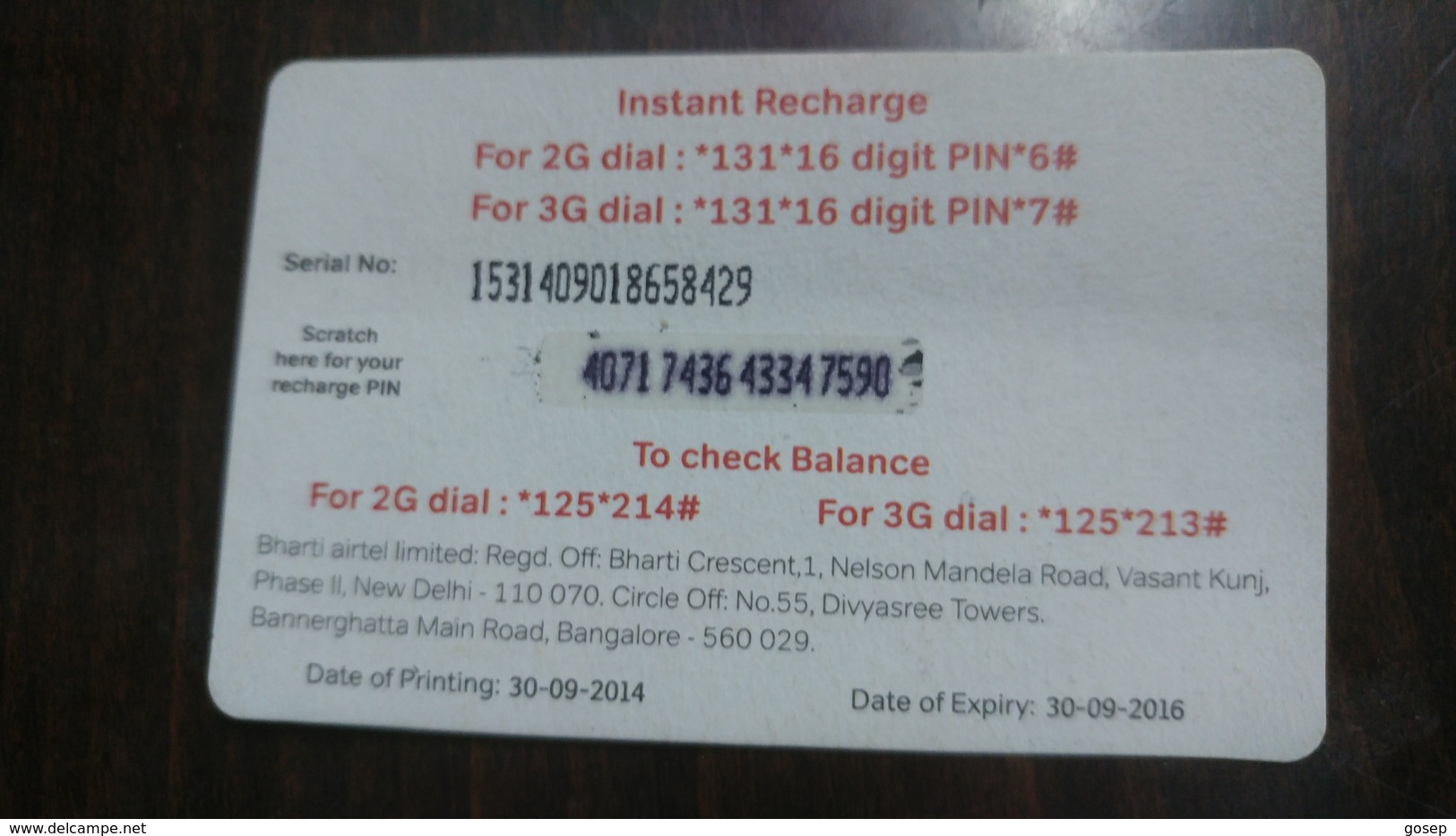 India-airtel-instant Recharge-(9 Ruppia)-2g: 40 Mb-3g: 25mb 24hours-(5)-30.9.2016-used Card+1 Card Prepiad Free - India