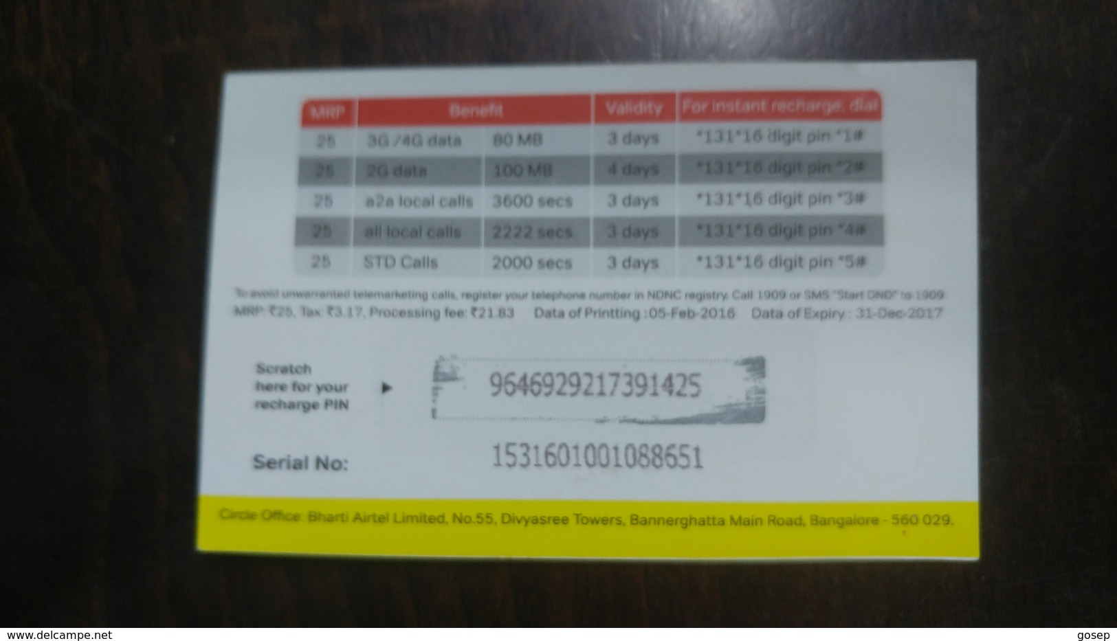 India-airtel-star Pack-(25 Ruppia)-go 4g At 3g Prices-(7)-31.12.2017-used Card+1 Card Prepiad Free - Inde