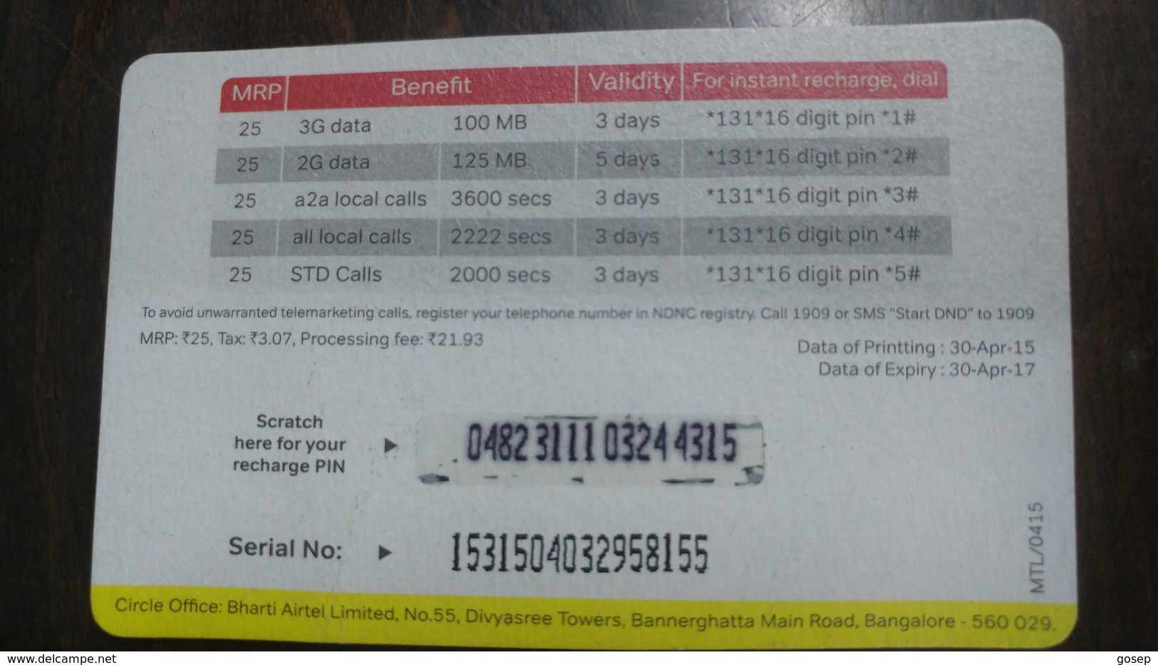 India-airtel-star Pack-(25 Ruppia)-(9)-30.4.2015--30.4.2017-used Card+1 Card Prepiad Free - India