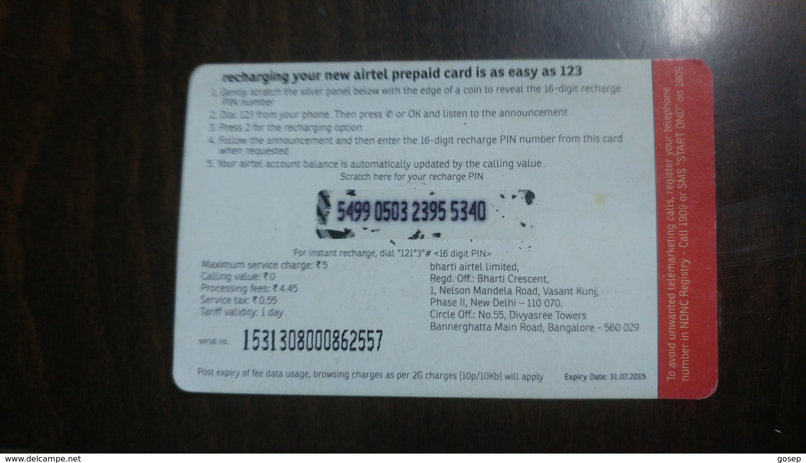 India-airtel-internet-(5 Ruppia)-(10)-31.7.2015-used Card+1 Card Prepiad Free - Inde