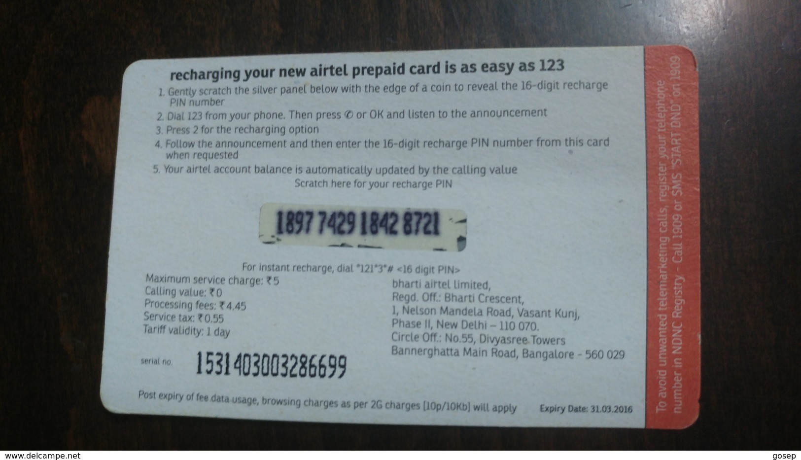 India-airtel-internet-(5 Ruppia)-(12a)-31.3.2016-used Card+1 Card Prepiad Free - India