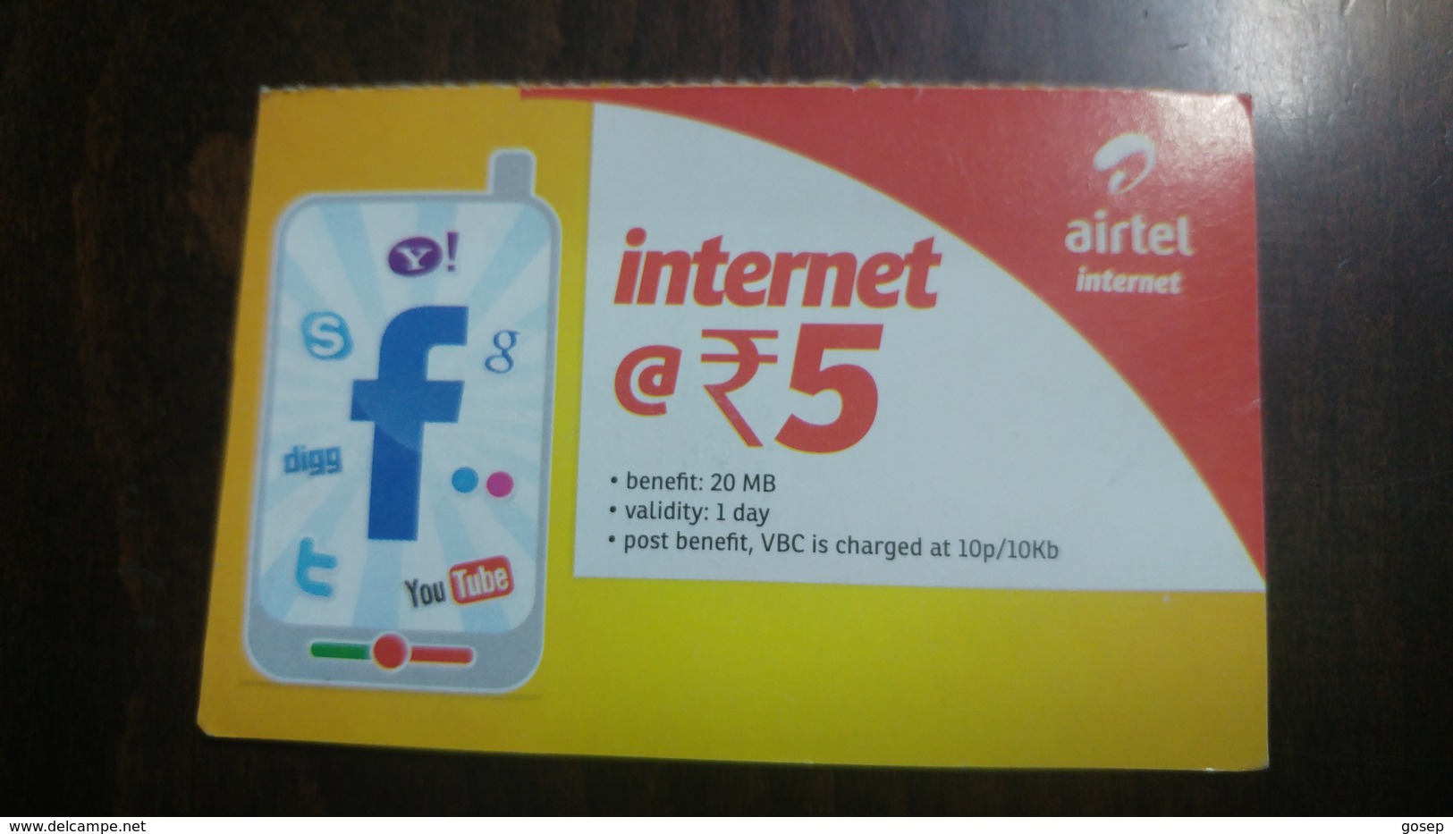 India-airtel-internet-(5 Ruppia)-(13)-31.8.2016-used Card+1 Card Prepiad Free - Indien