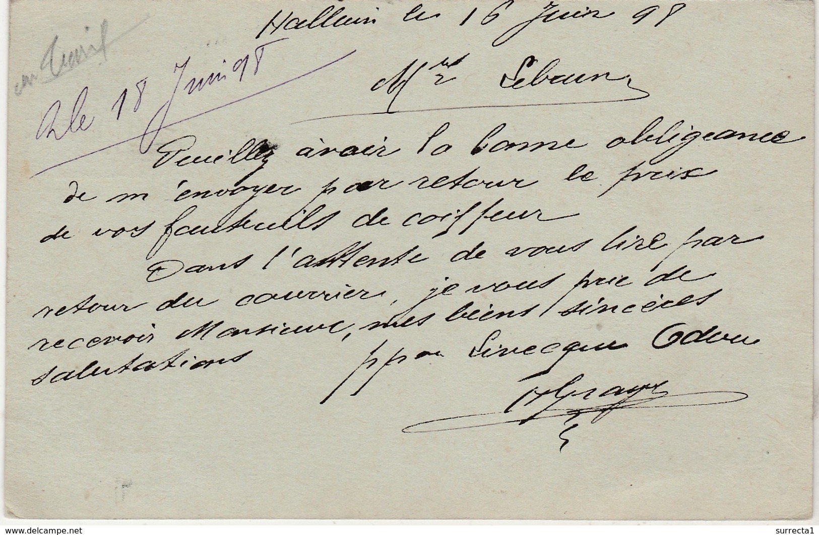 Carte Commerciale 1898 / Entier / LEVECQUE ODOU / Fabrique De Chaises / 59 Halluin Nord - Otros & Sin Clasificación