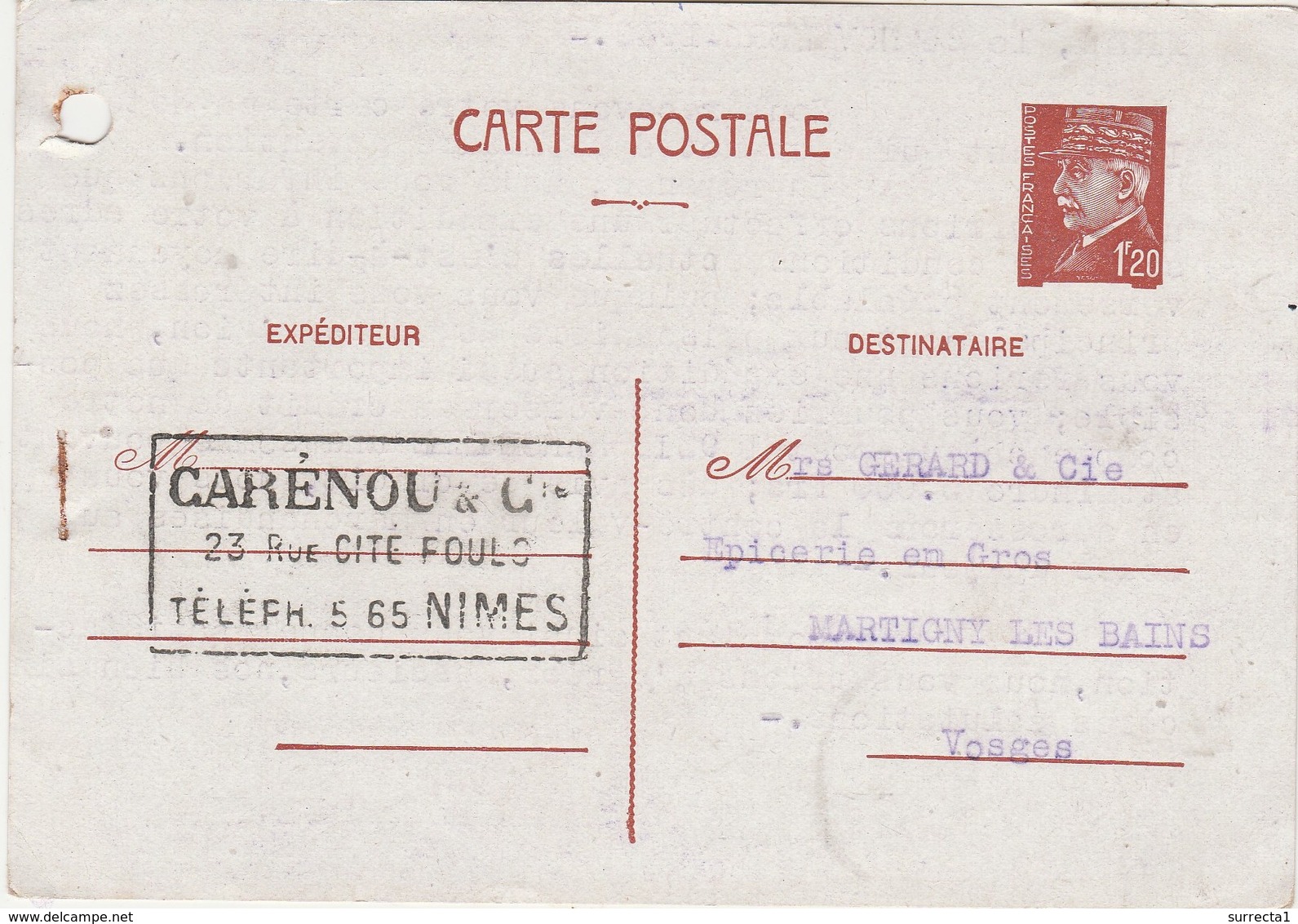 Carte Commerciale 1942 / Entier 1F20 Pétain / Carénou / 30 Nîmes Gard - Autres & Non Classés