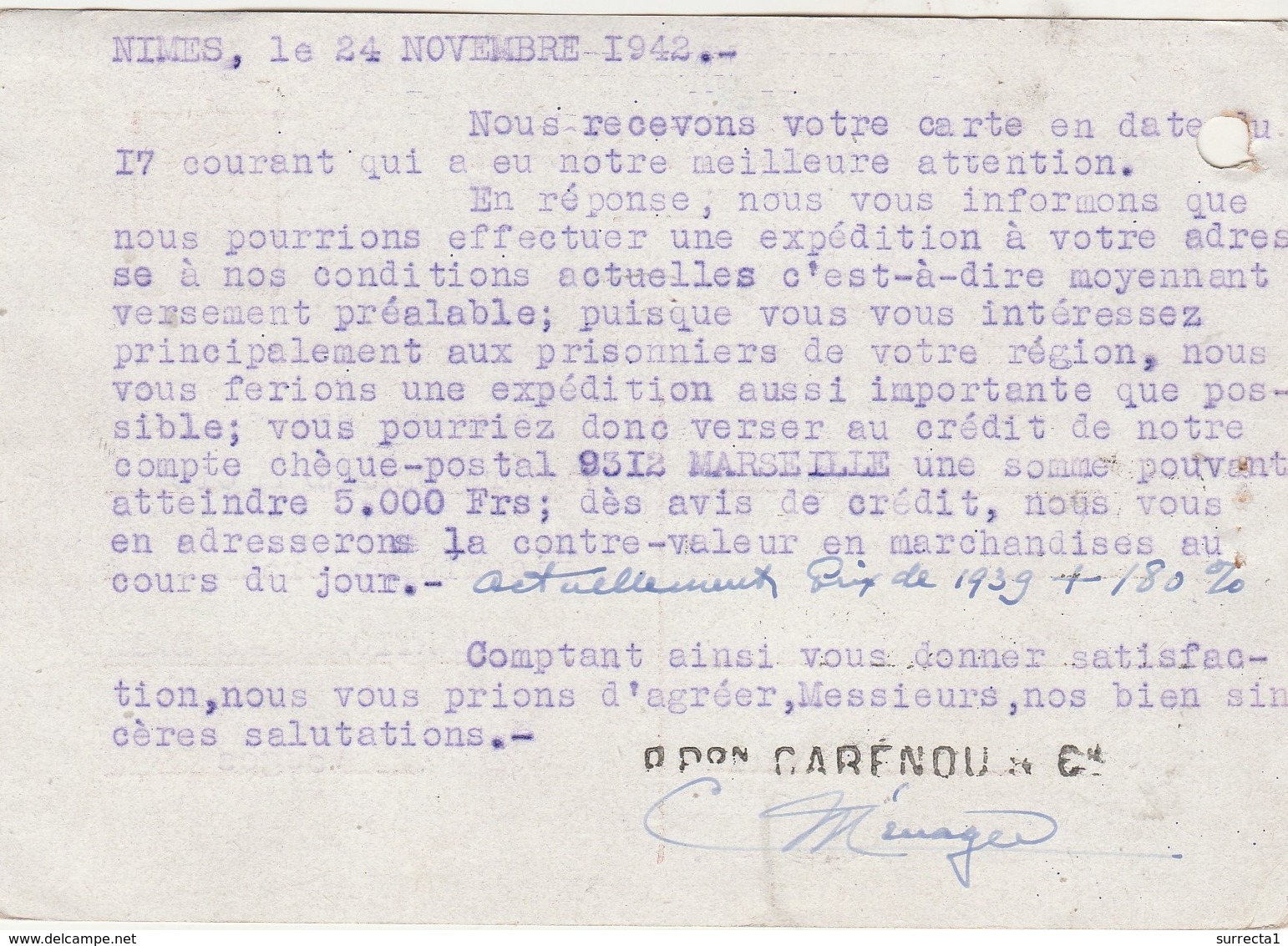 Carte Commerciale 1942 / Entier 1F20 Pétain / Carénou / 30 Nîmes Gard - Autres & Non Classés