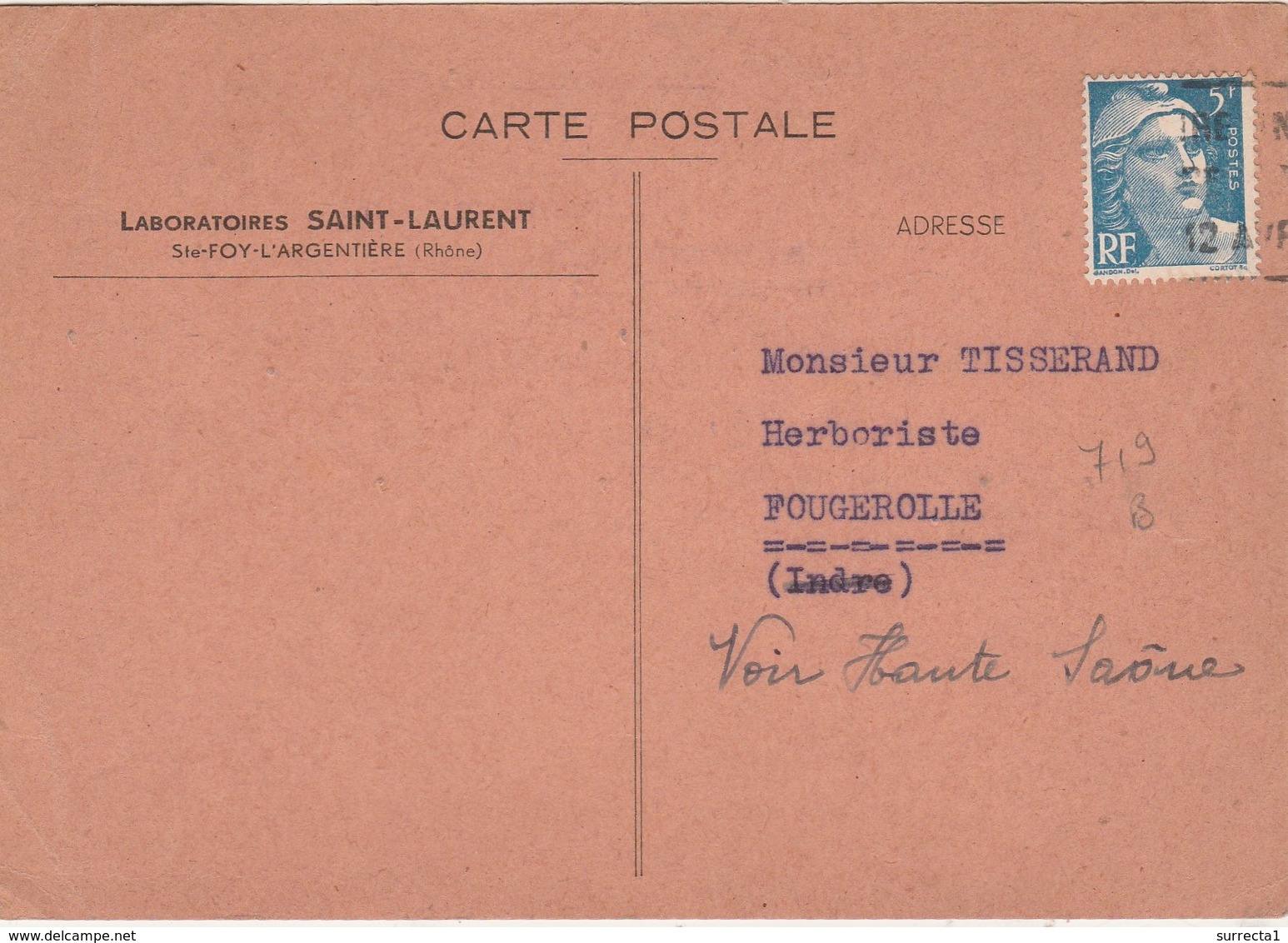 Carte Commerciale 1948 / Laboratoires SAINT-LAURENT / Commande Herboristerie 300 Kg Bourdaine / 69 Ste Foy L'Argentière - Autres & Non Classés