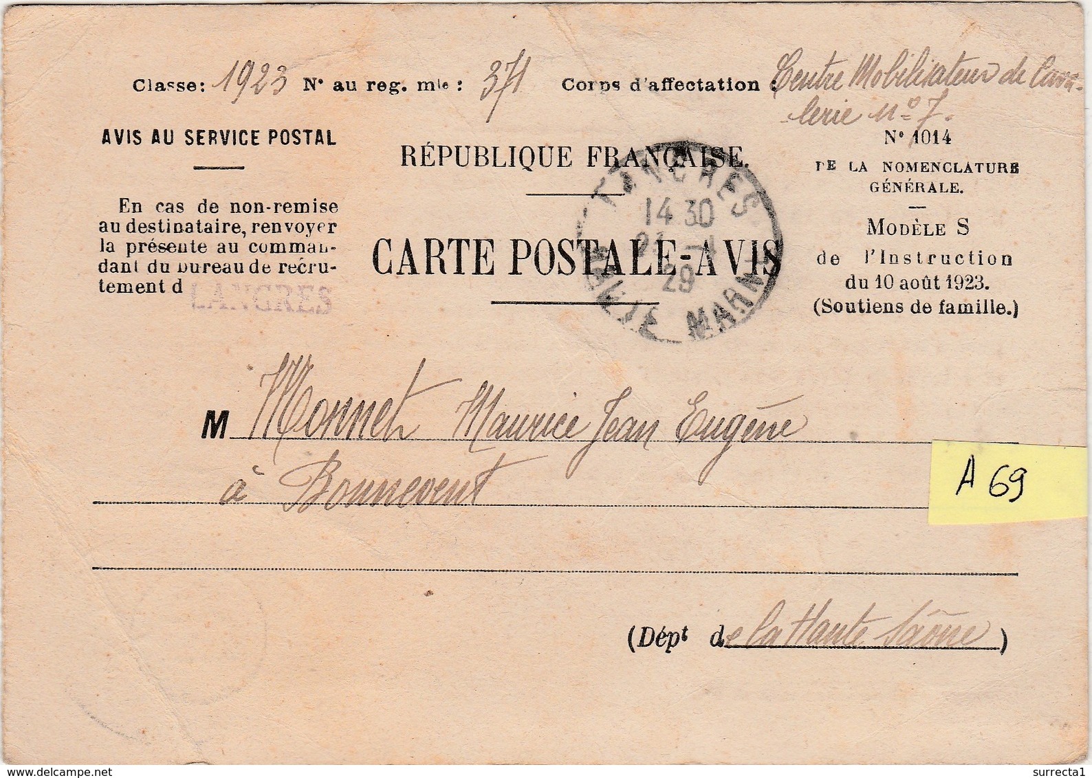 A 69 / Carte Postale Avis / Mobilisation Cavalerie / Recrutement Langres / Pour 70 Bonnevent - Autres & Non Classés