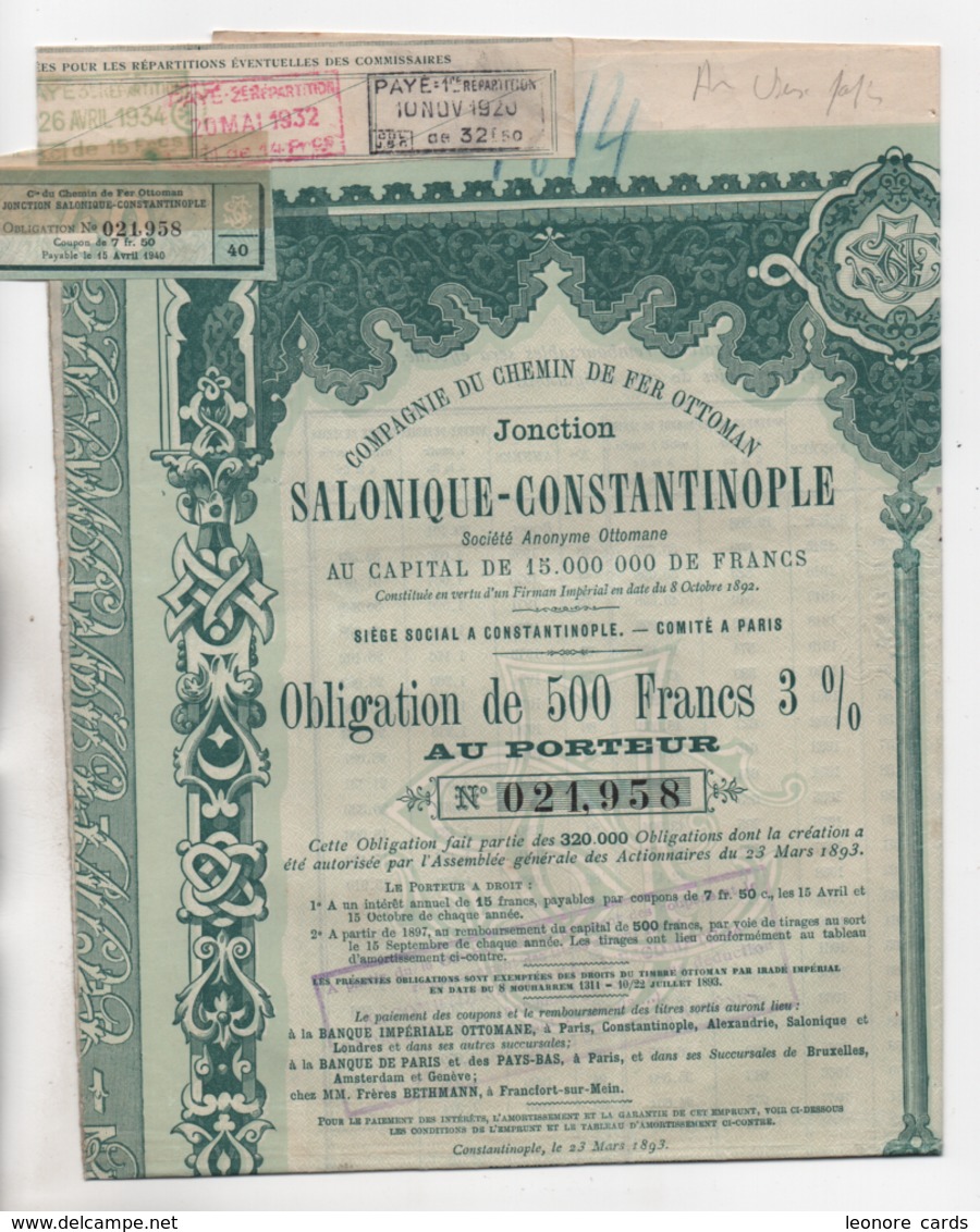 Cpa.Vieux Papiers.Compagnie Du Chemin De Fer Ottoman Salonique Constantinople Obligation De 500 Frs 1920 - Autres & Non Classés