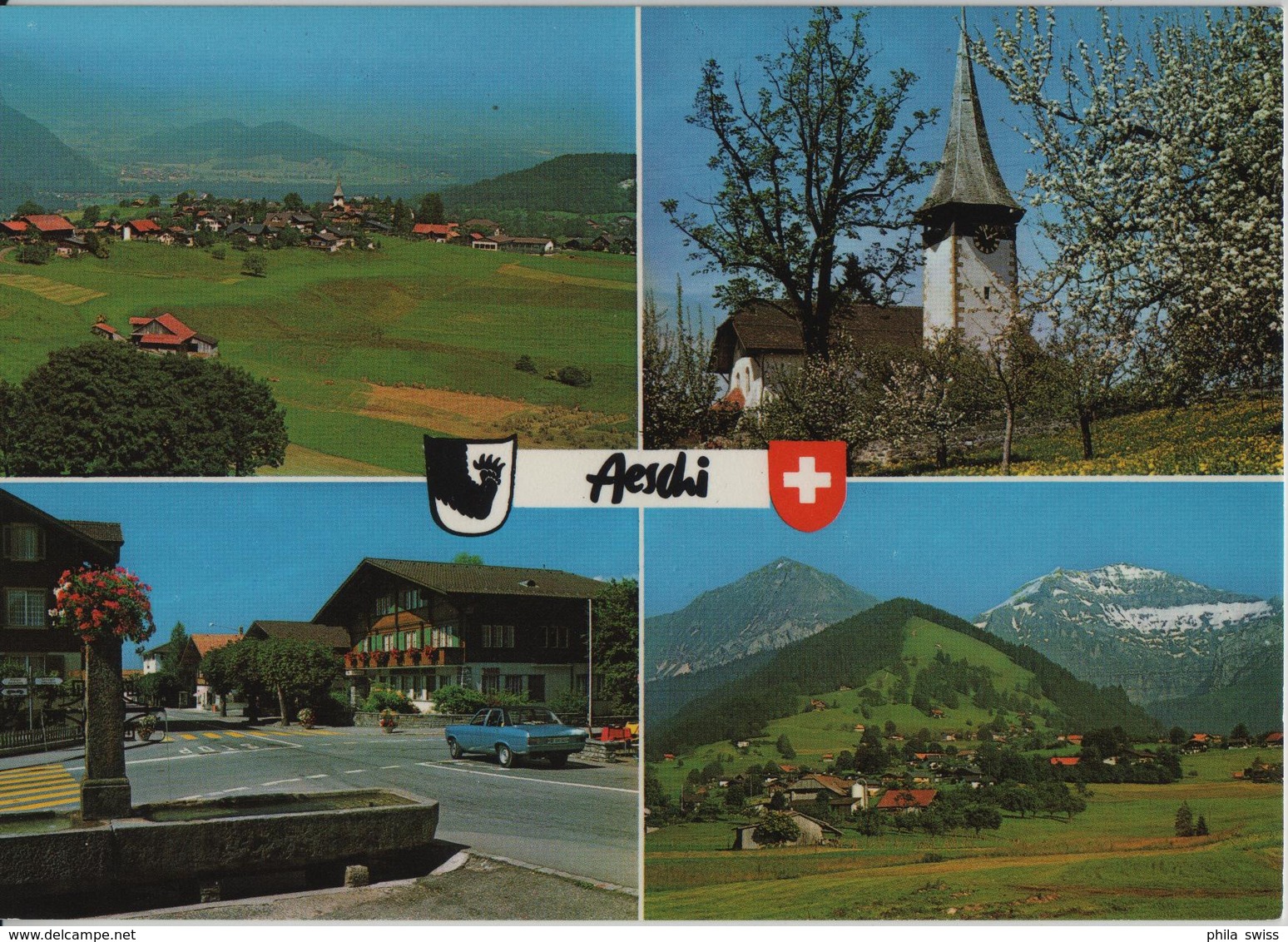 Aeschi - Blick Auf Aeschi, Kirche Im Frühling, Dorfbrunnen Mit Dorfpartie, Blick Gegen Aeschiried - Autres & Non Classés